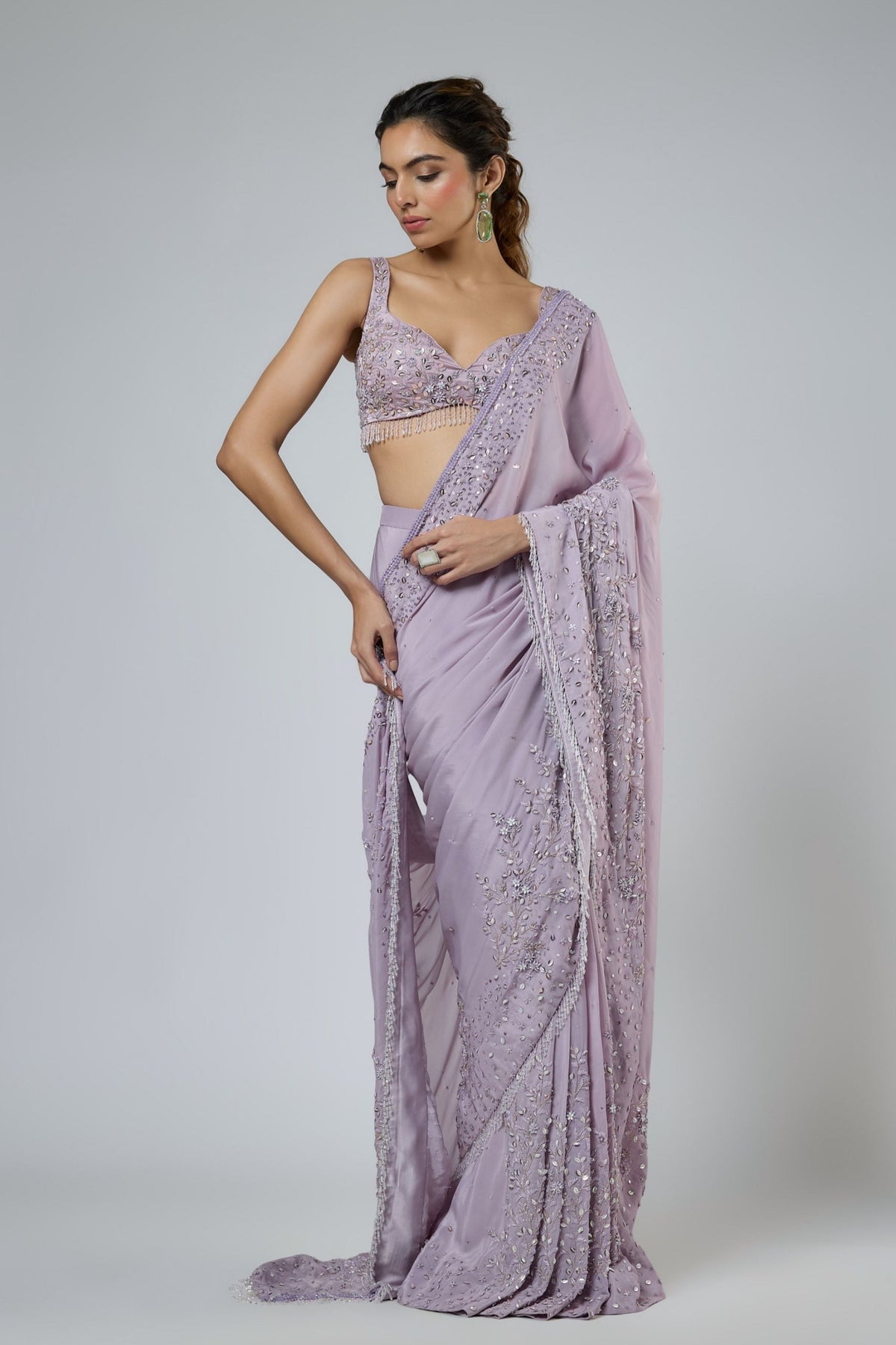 Lilac Heavy Draped Saree Set