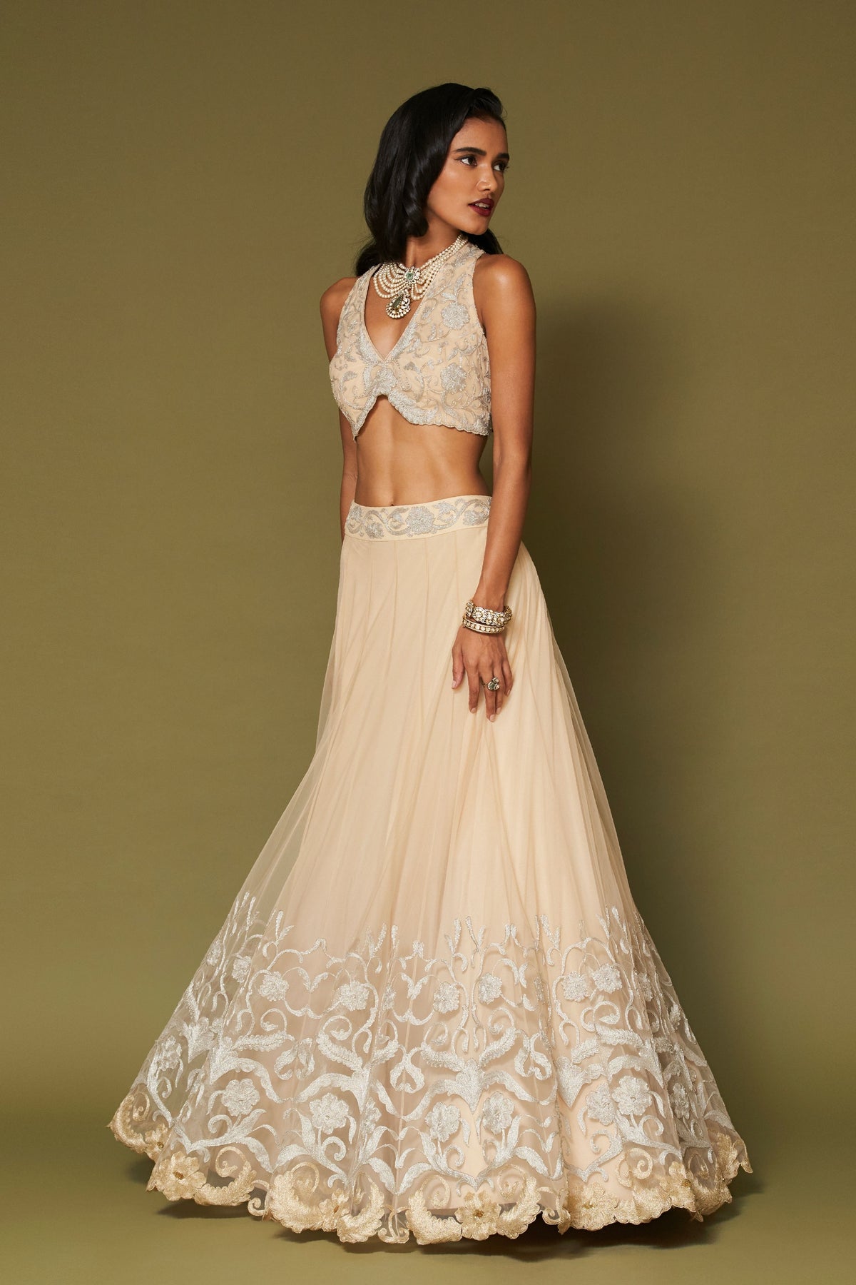 Almond Embroidered Net Lehenga Set