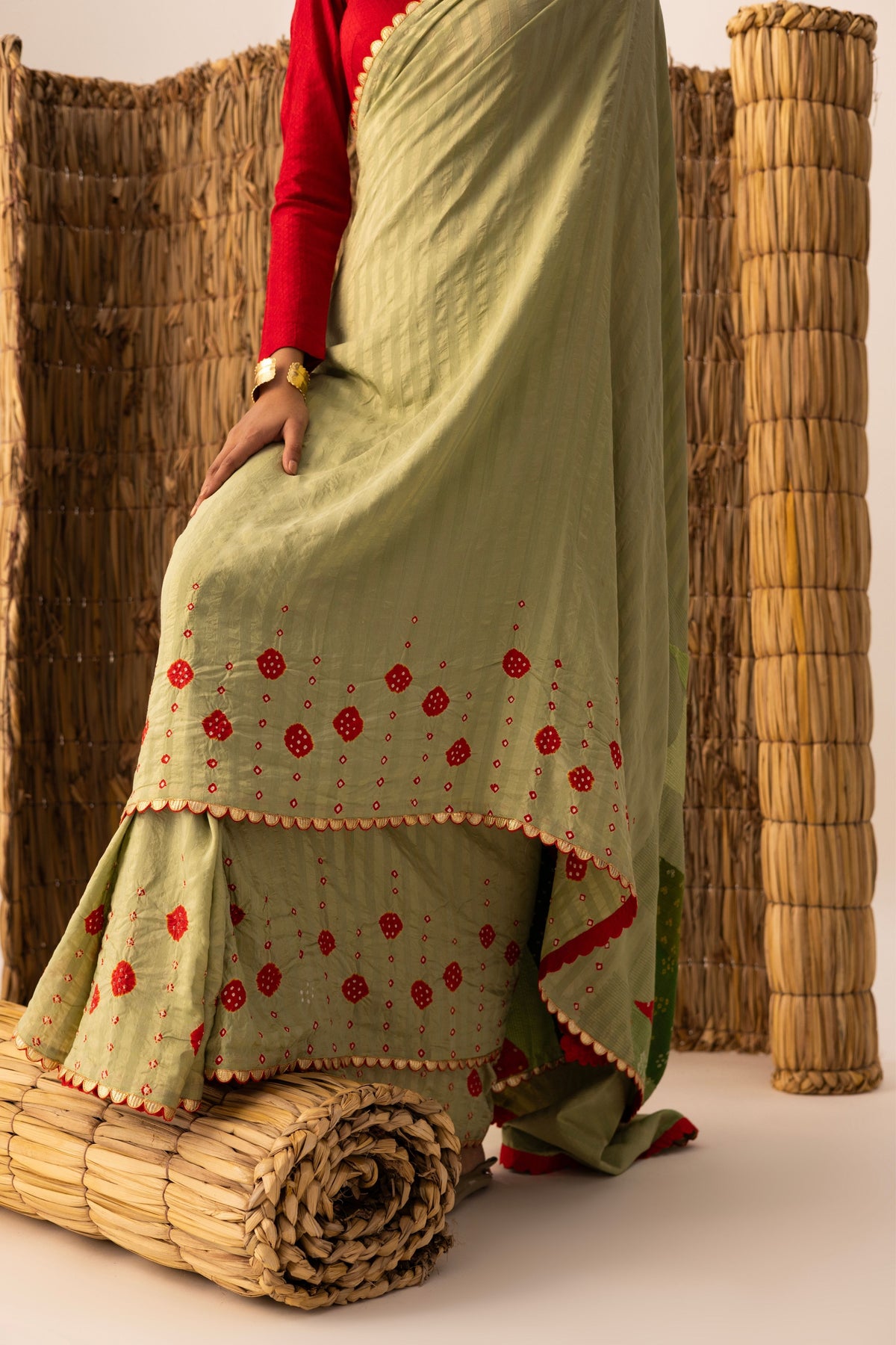 Green Patchwork Bandhani Palla Saree set