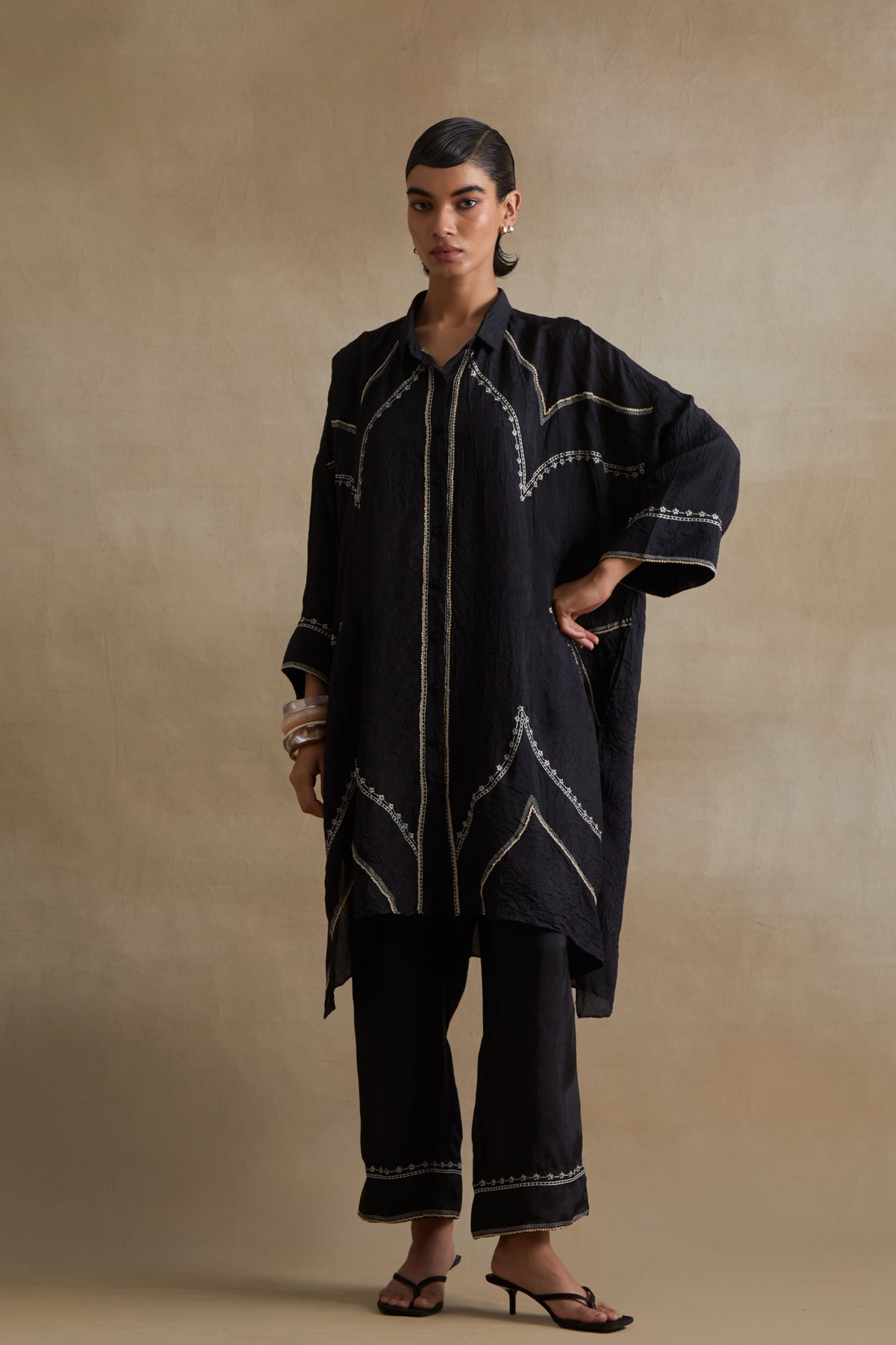 Black Stylized Embroidered Kaftan Set