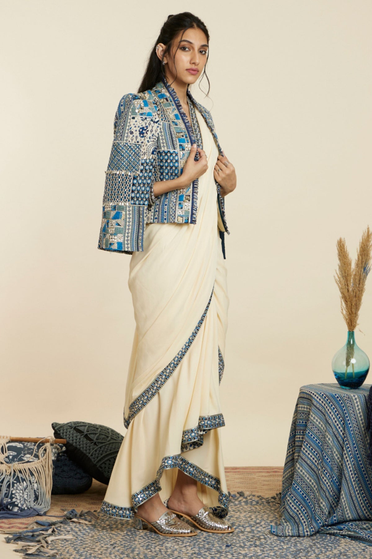 Beige Cascade Saree Set With Jacket