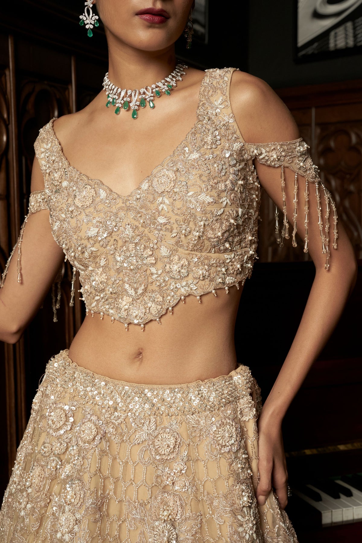 Beige 3d Lehenga Set