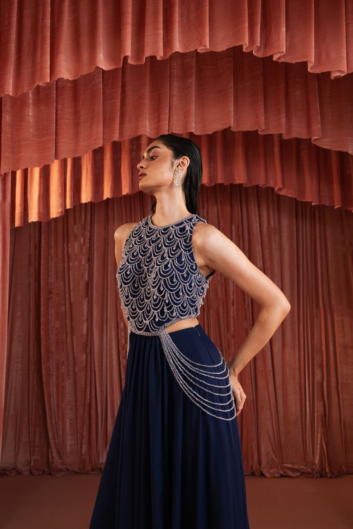 Midnight Blue Beaded Skirt Set