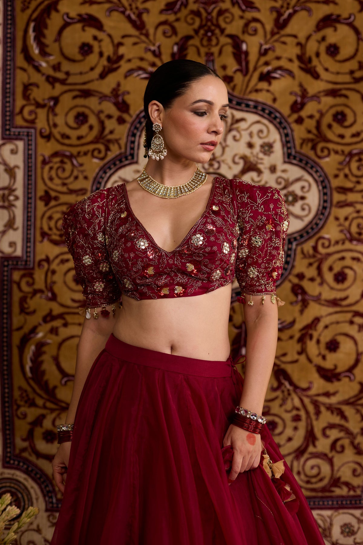 Maroon Embroidered Organza Lehenga Set