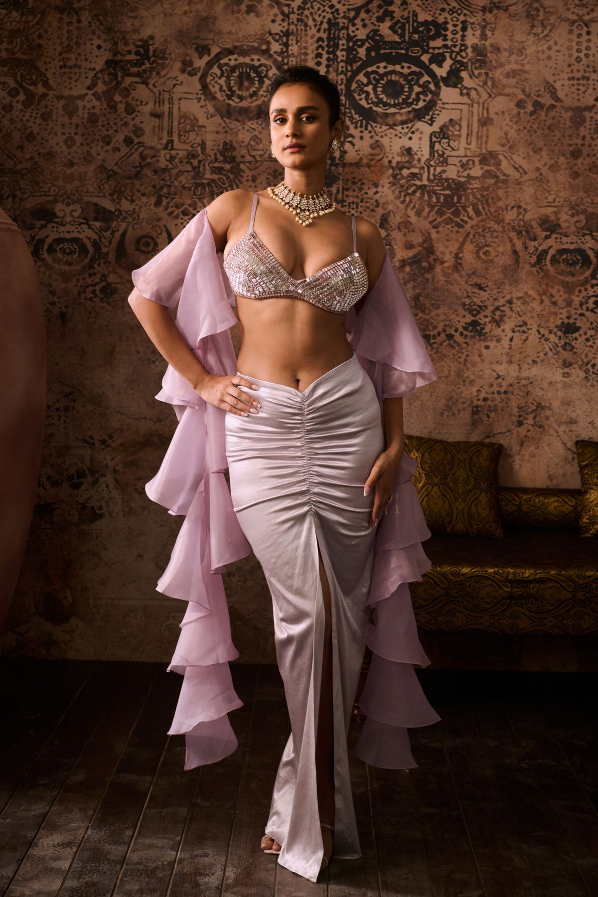 Lilac Embroidered Top With Skirt With Dupatta