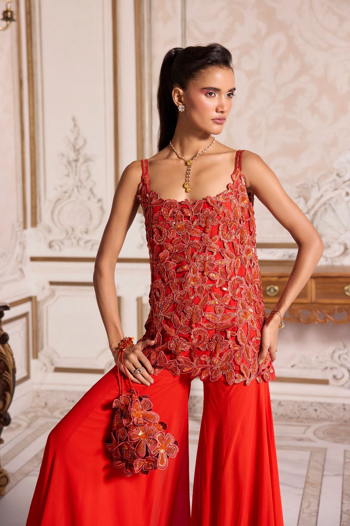 Rust Floral Cut-work Sharara Set
