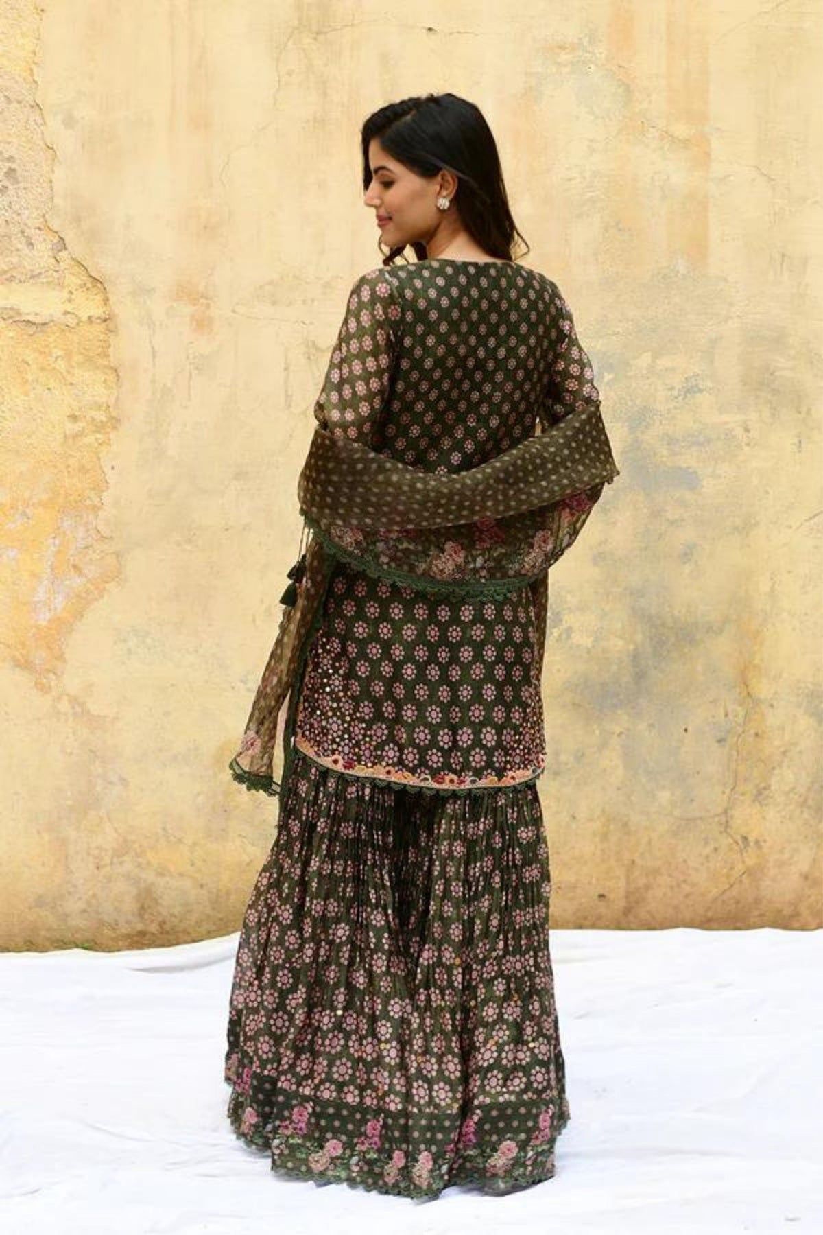 Green Dotted Cascade Sharara Set