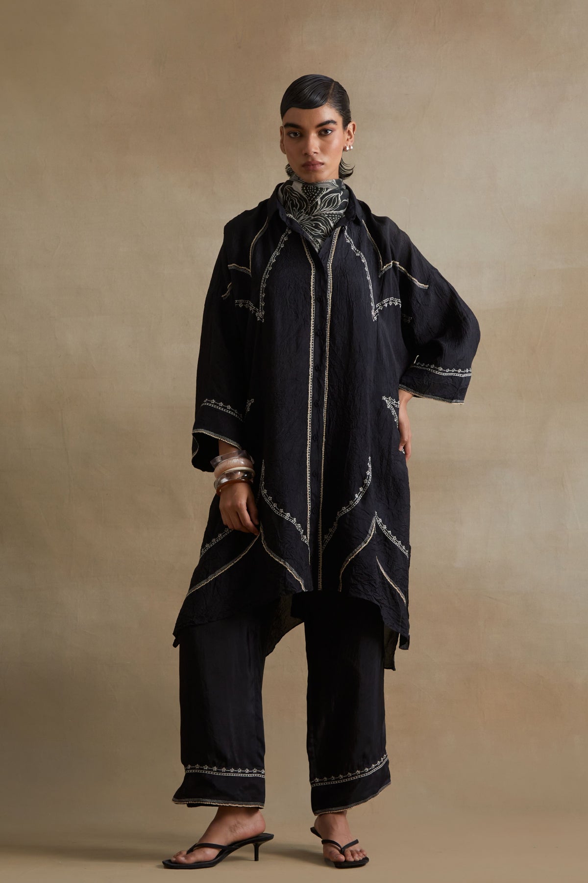 Black Stylized Embroidered Kaftan Set