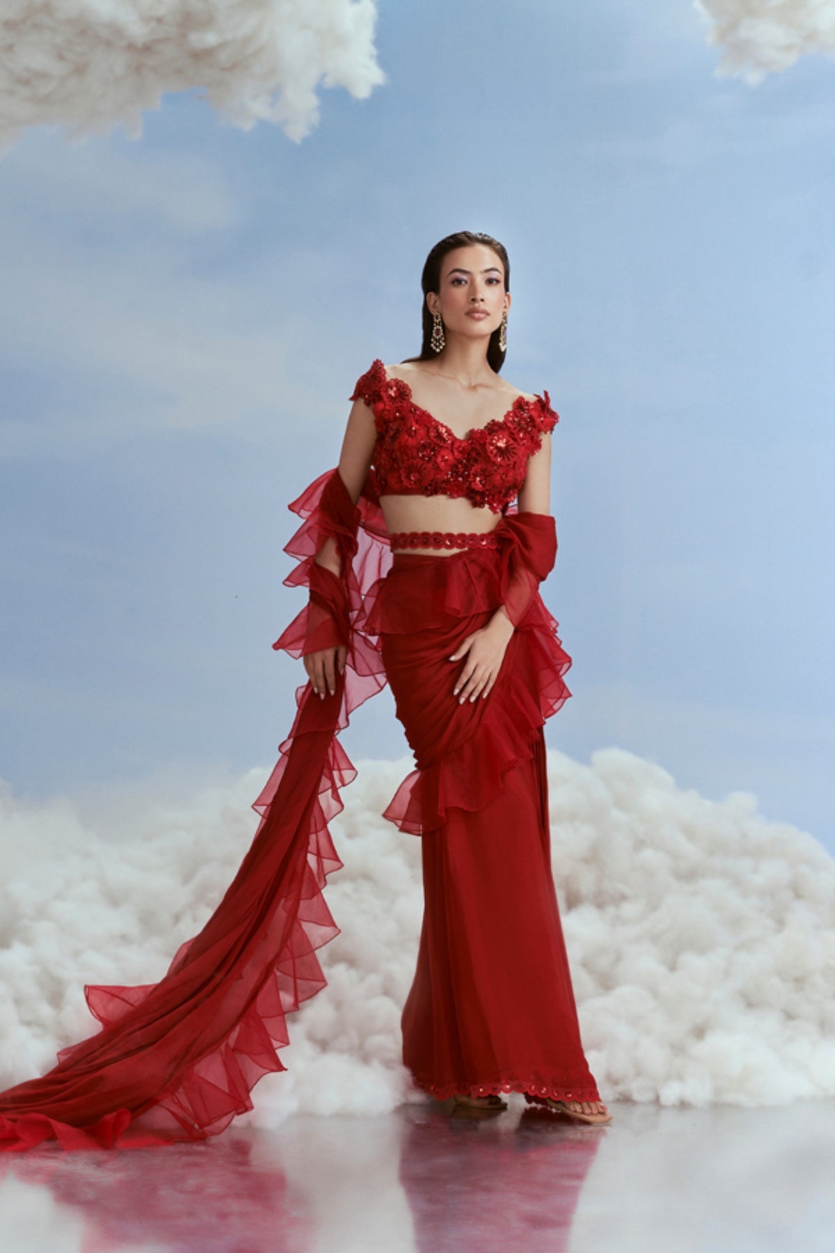 Red Scallop Edged Ruffle Saree Set