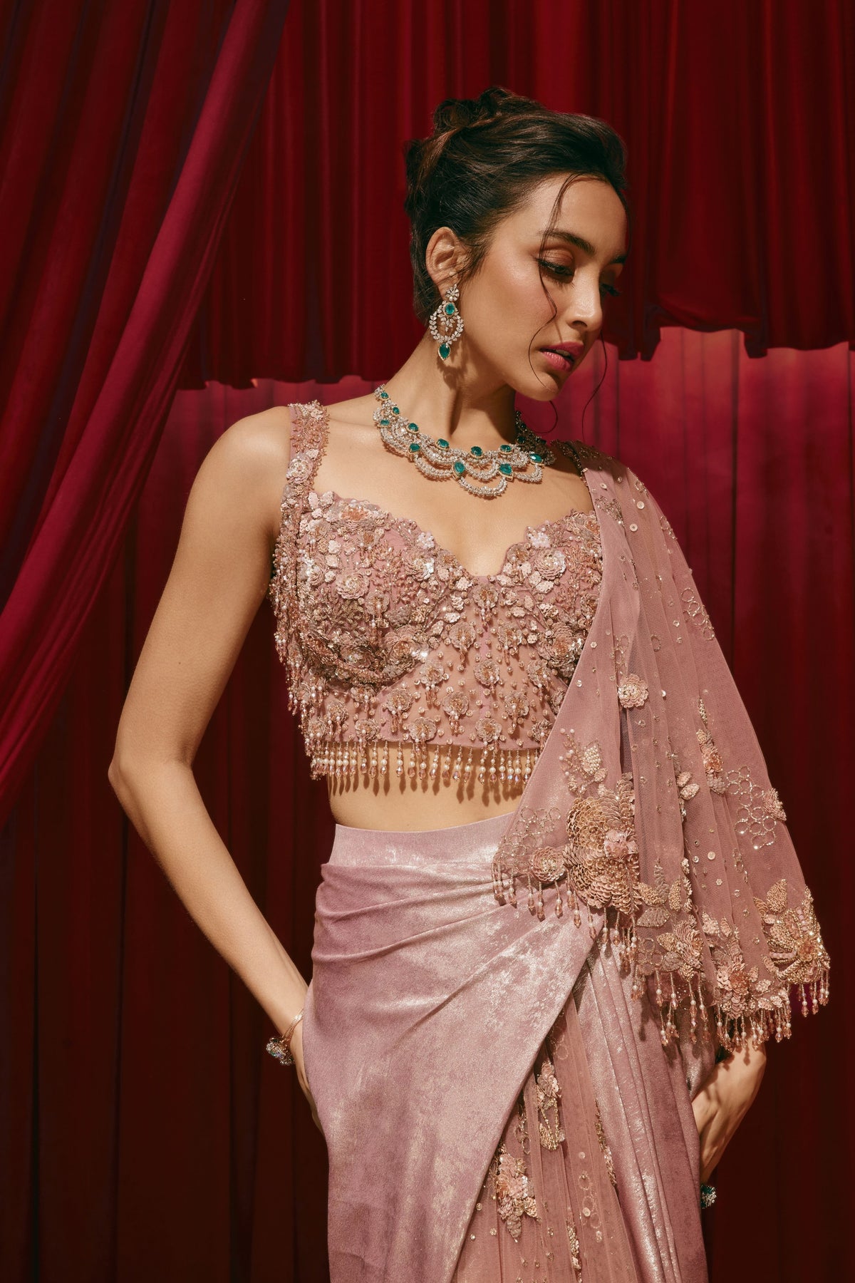 Christina Pink Draped Saree Set