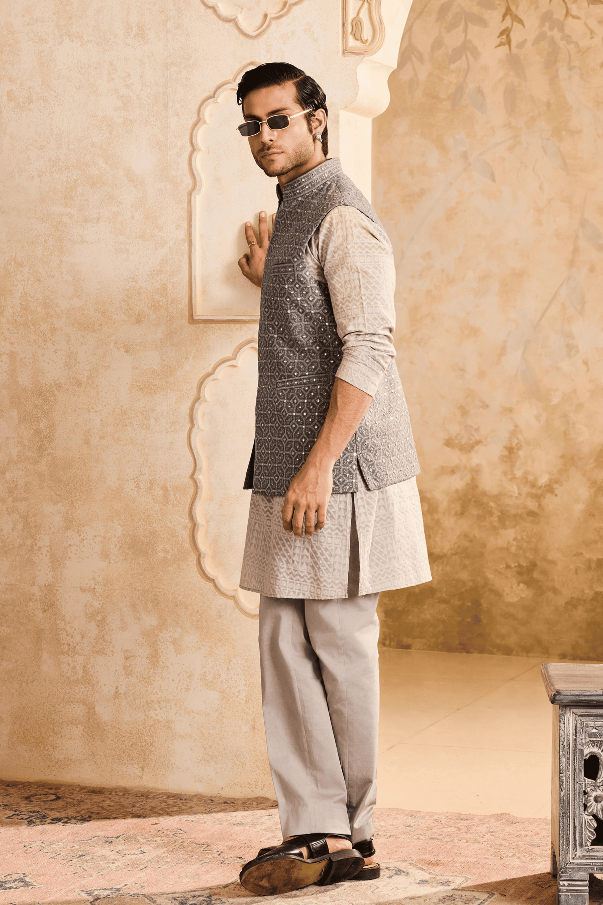 Grey Mirrorwork Jacket Kurta Set