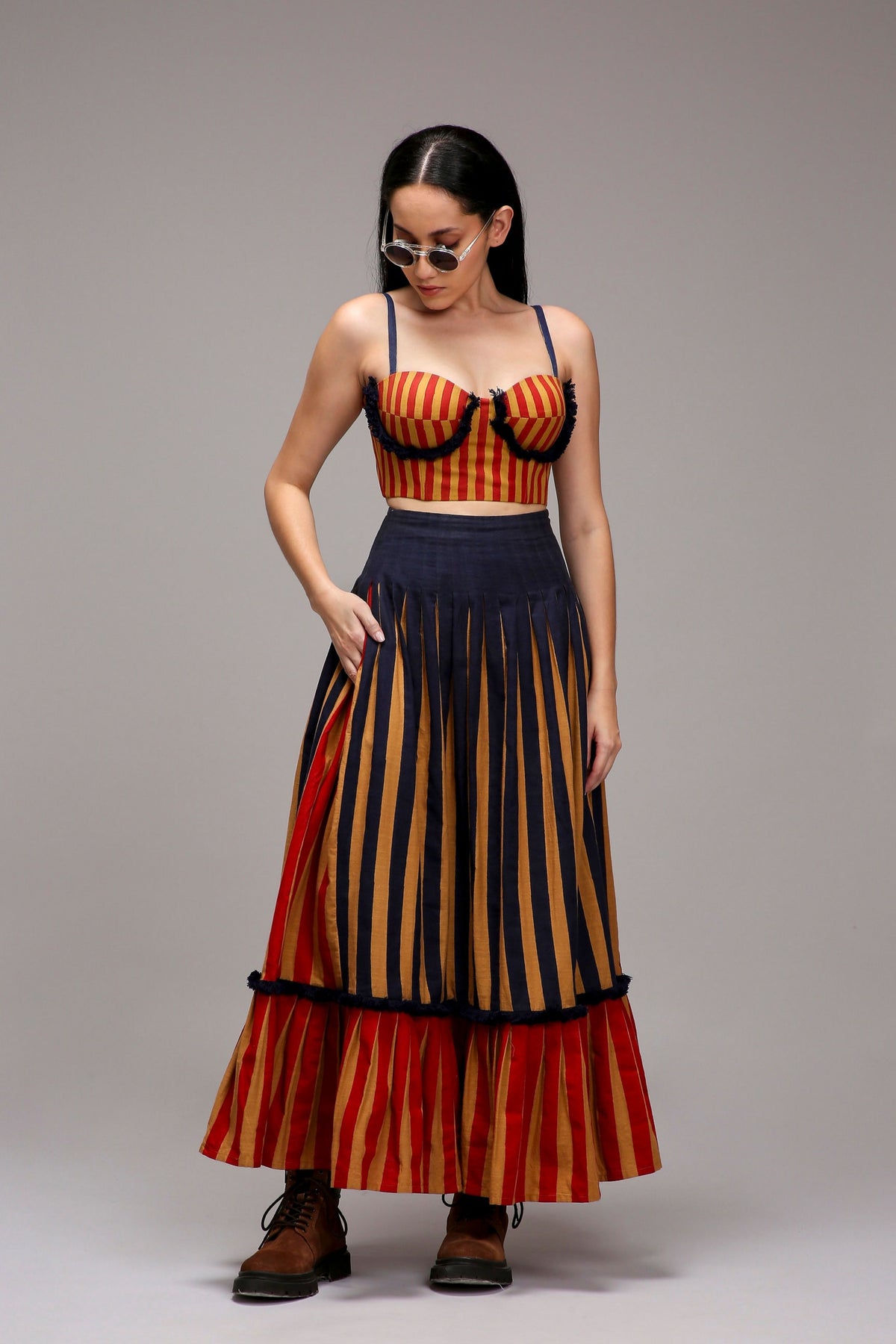 Tan-brown Corset Dual Striped Stole Skirt Set
