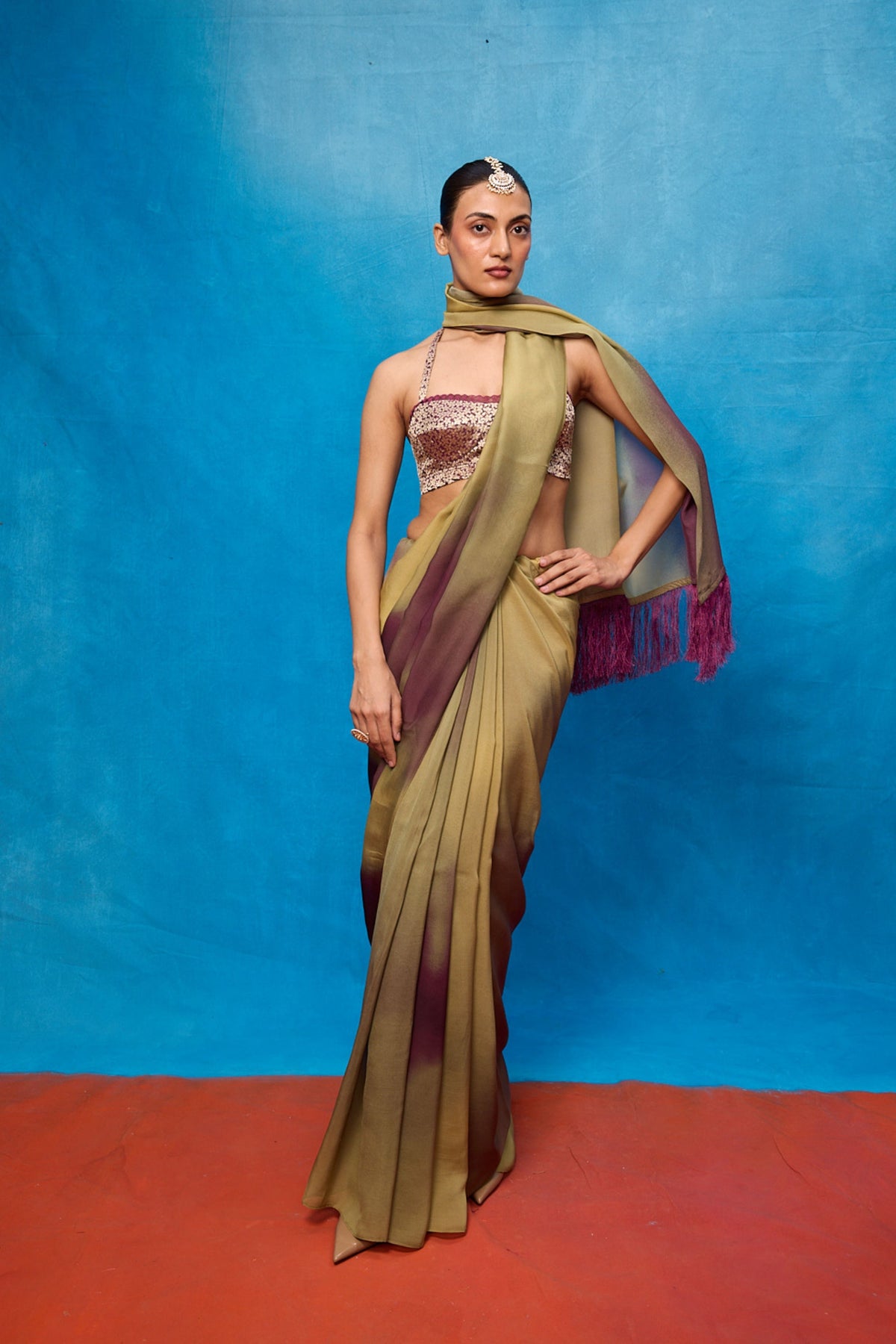 Pista Green & Faded Purple Ombre Saree