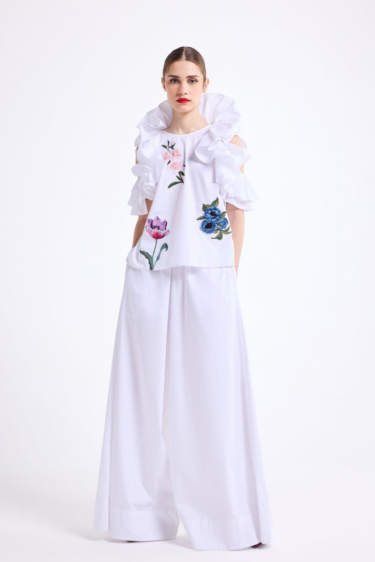 White Ruffle Top With Pants