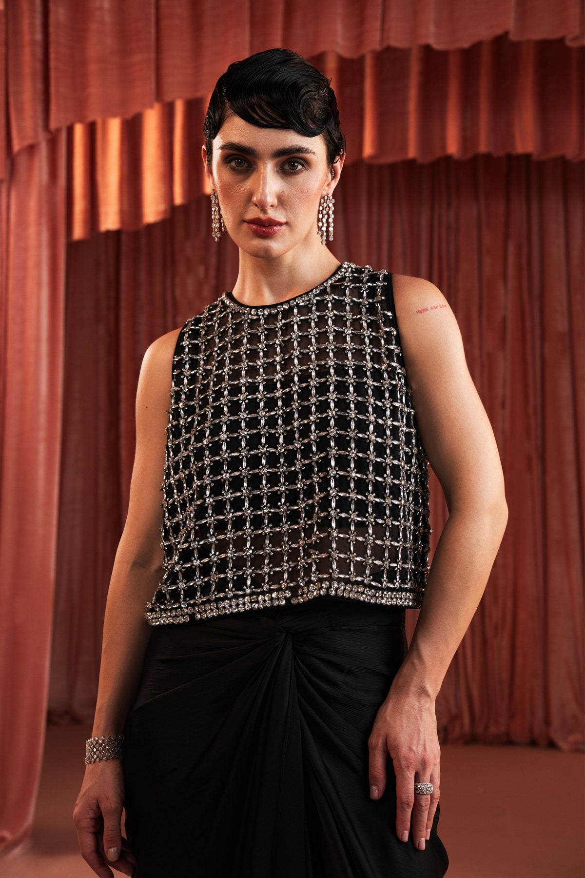 Black Sequin Draped Skirt Set
