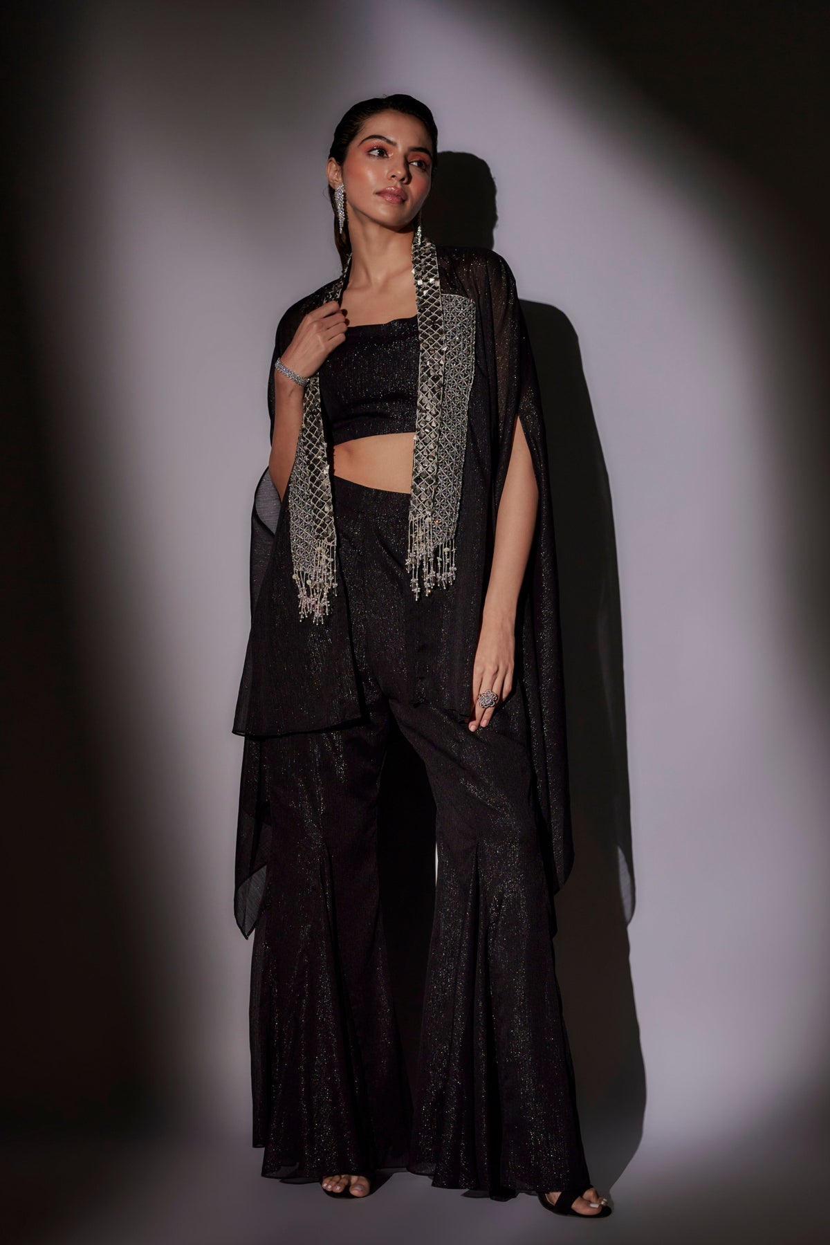 Black Embroidered Cape Set