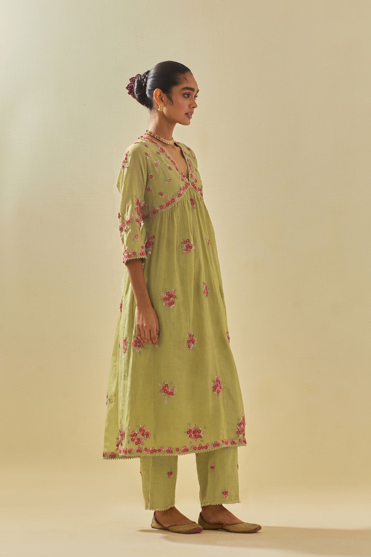Green V Neck Kurta Set