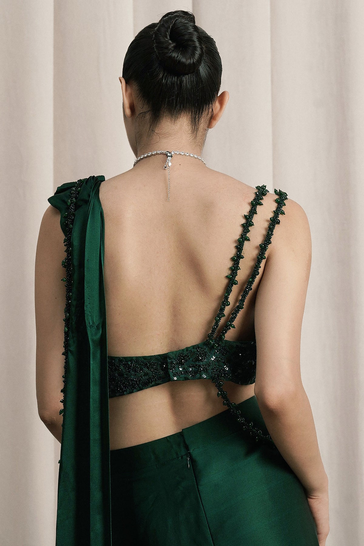 Emerald Green Draped Cocktail Saree Set