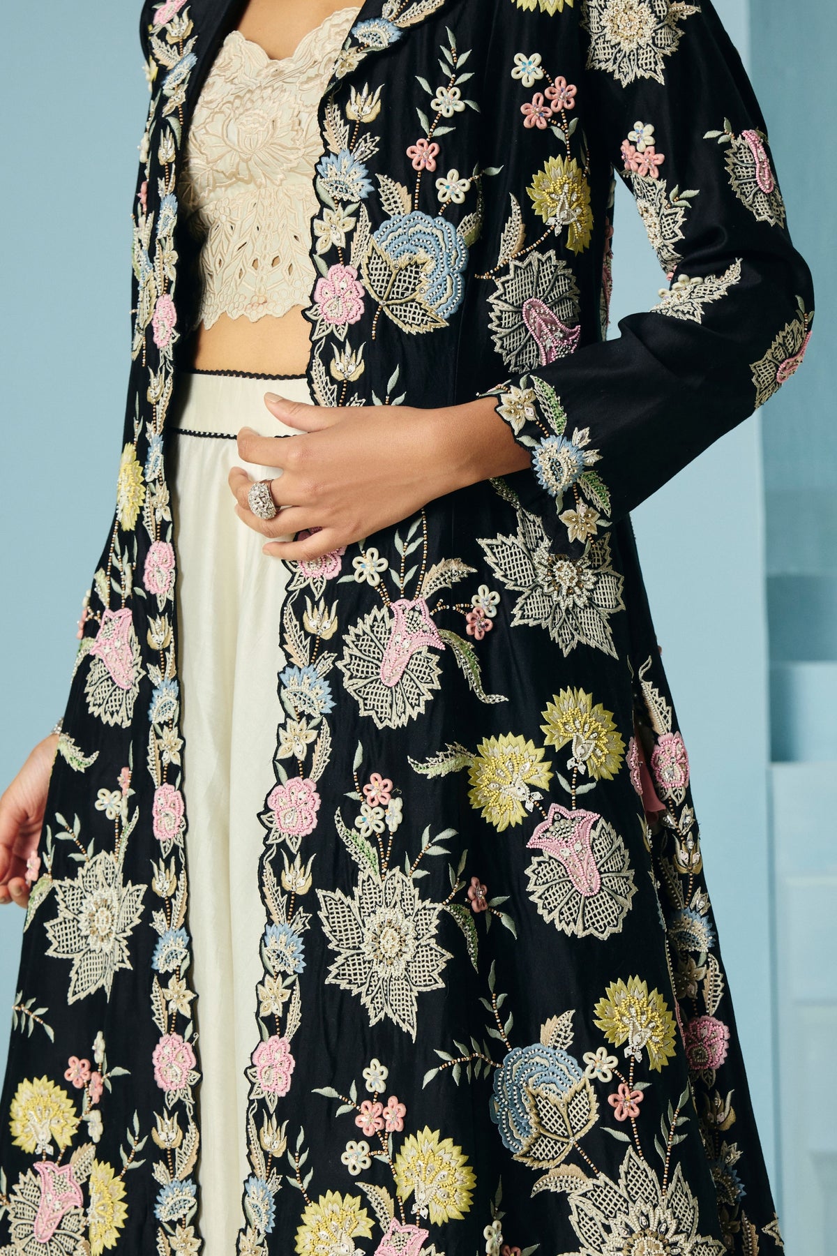 Black Multipastel Flared Long Jacket