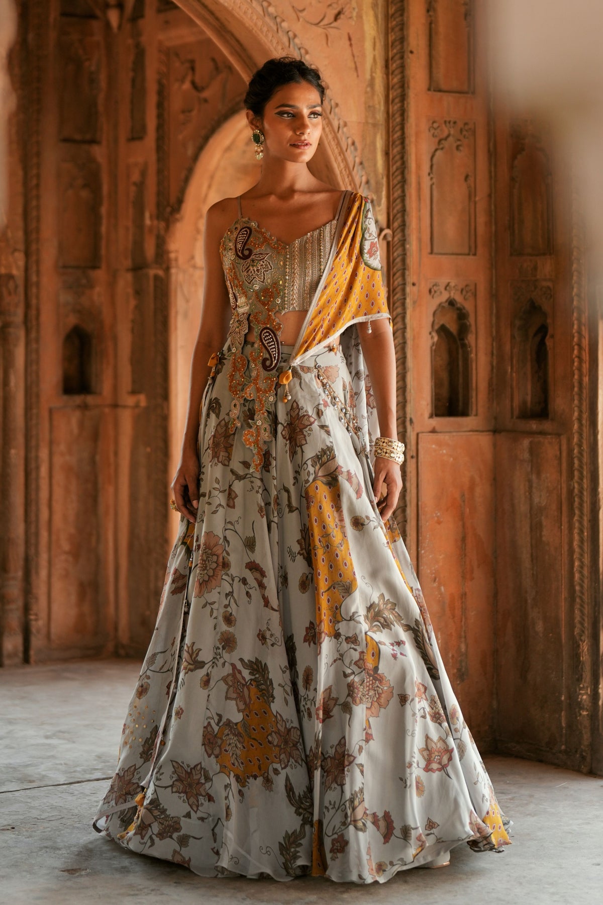 Grey Floral Organza Lehenga Set