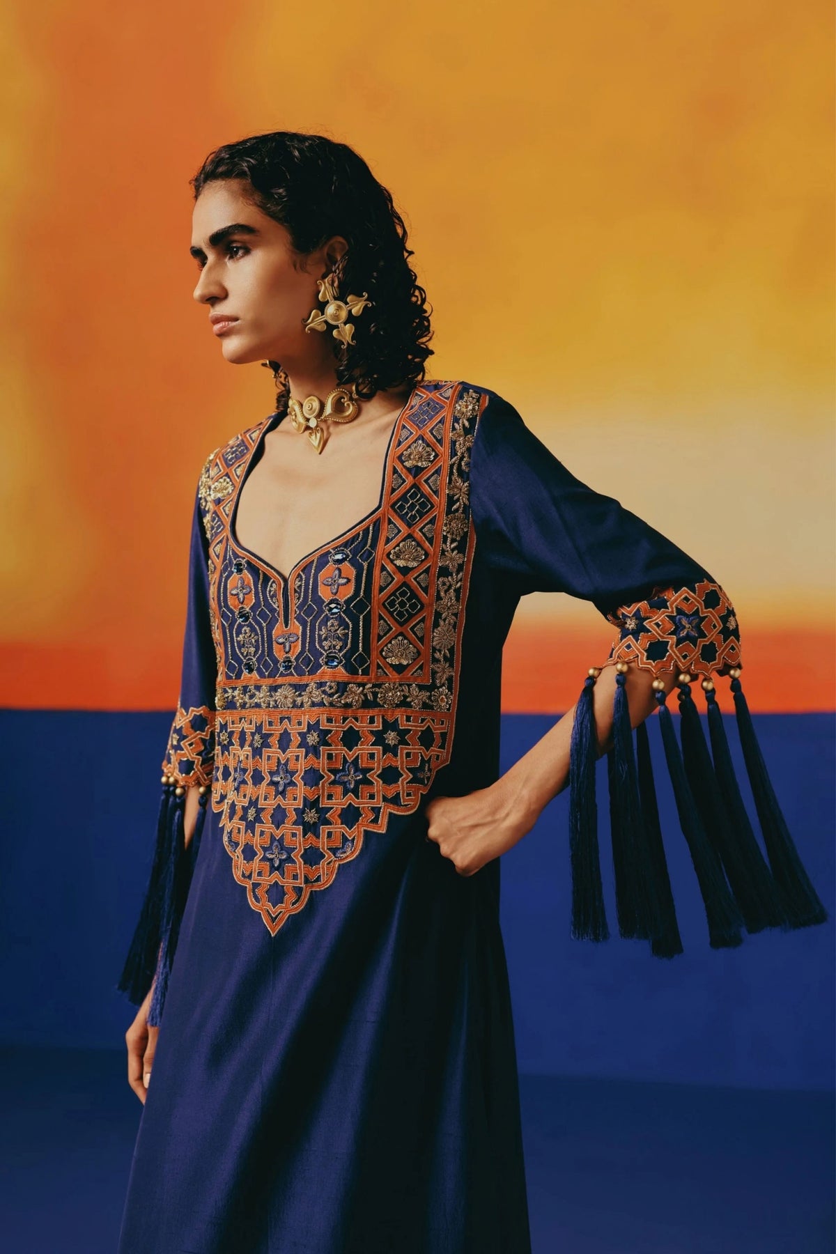 Navy Jaal Long Kurta Set