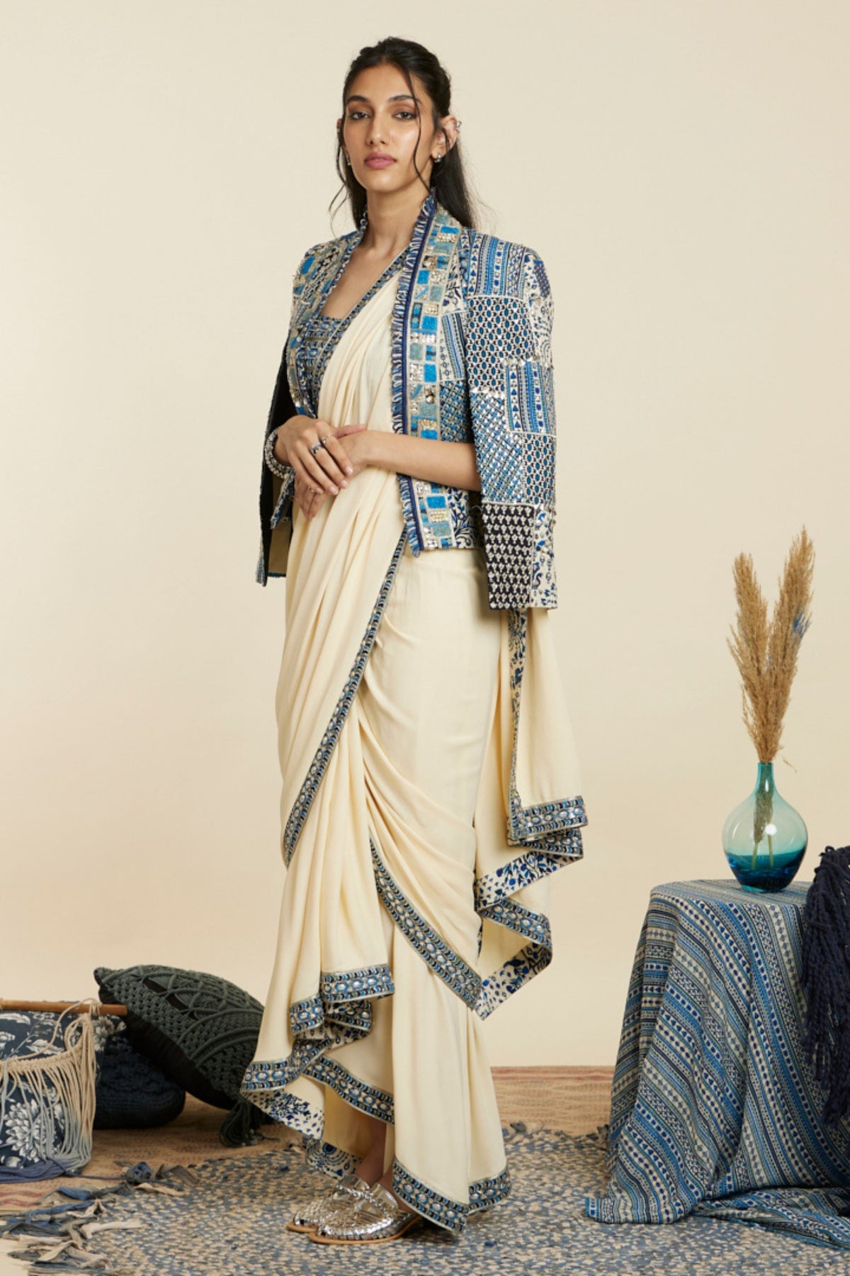 Beige Cascade Saree Set With Jacket