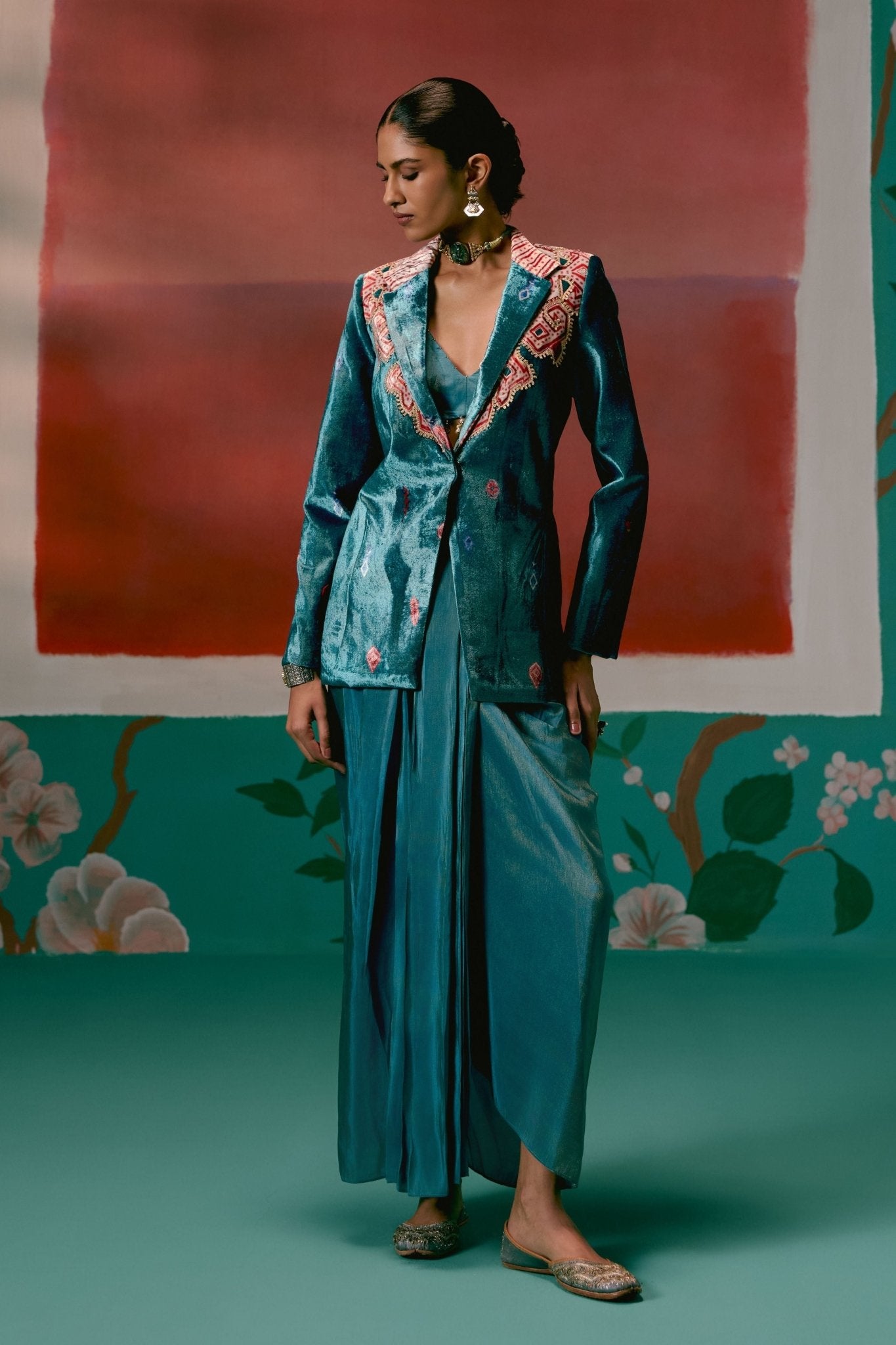 Teal Aztec Blazer Dhoti Set - Label Mogra - Elahe