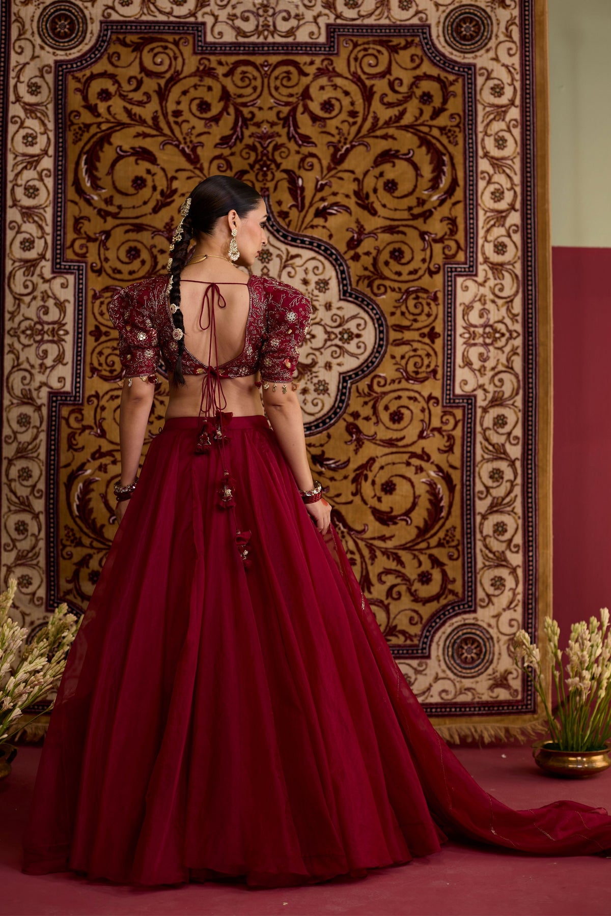 Maroon Embroidered Organza Lehenga Set