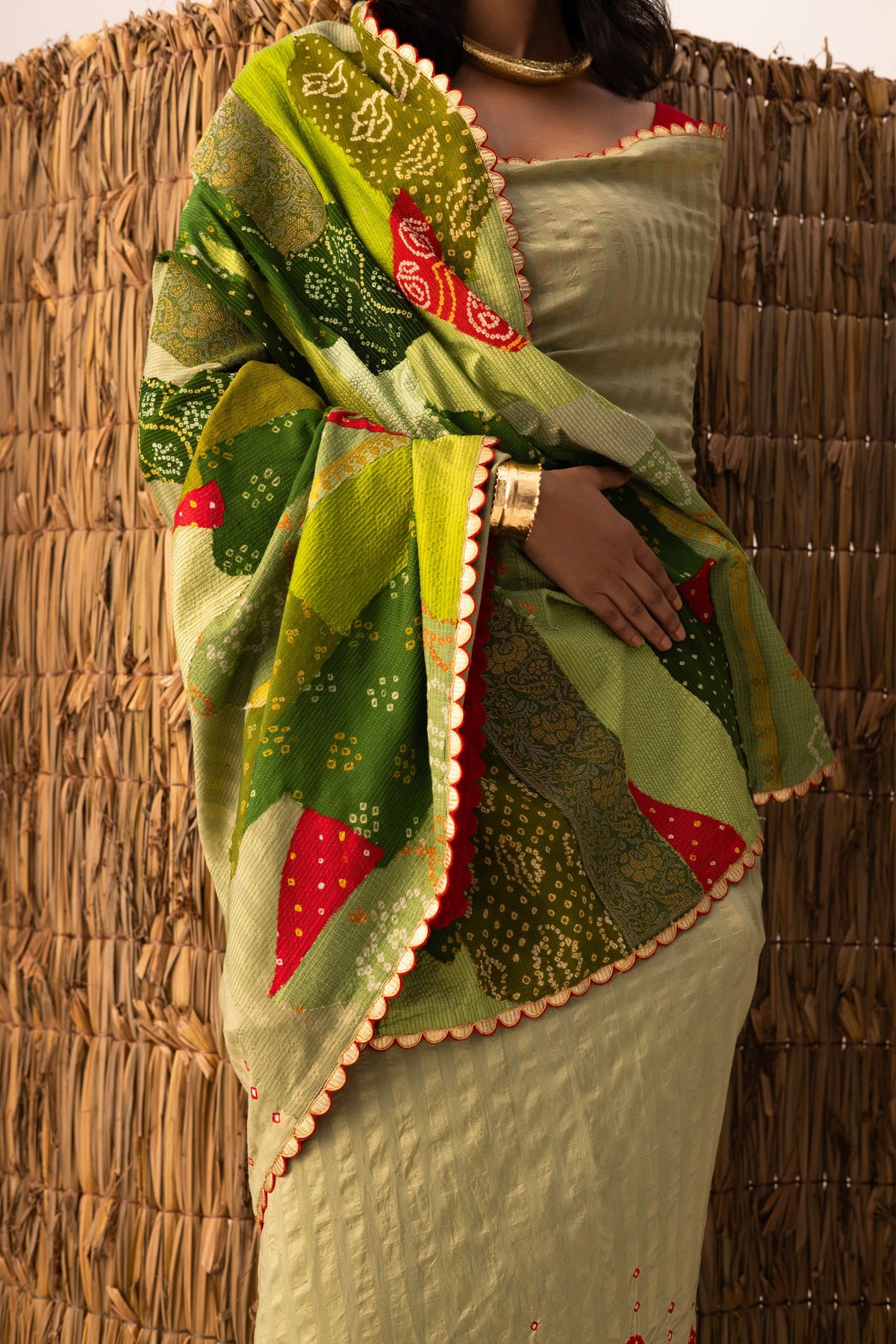 Green Patchwork Bandhani Palla Saree set