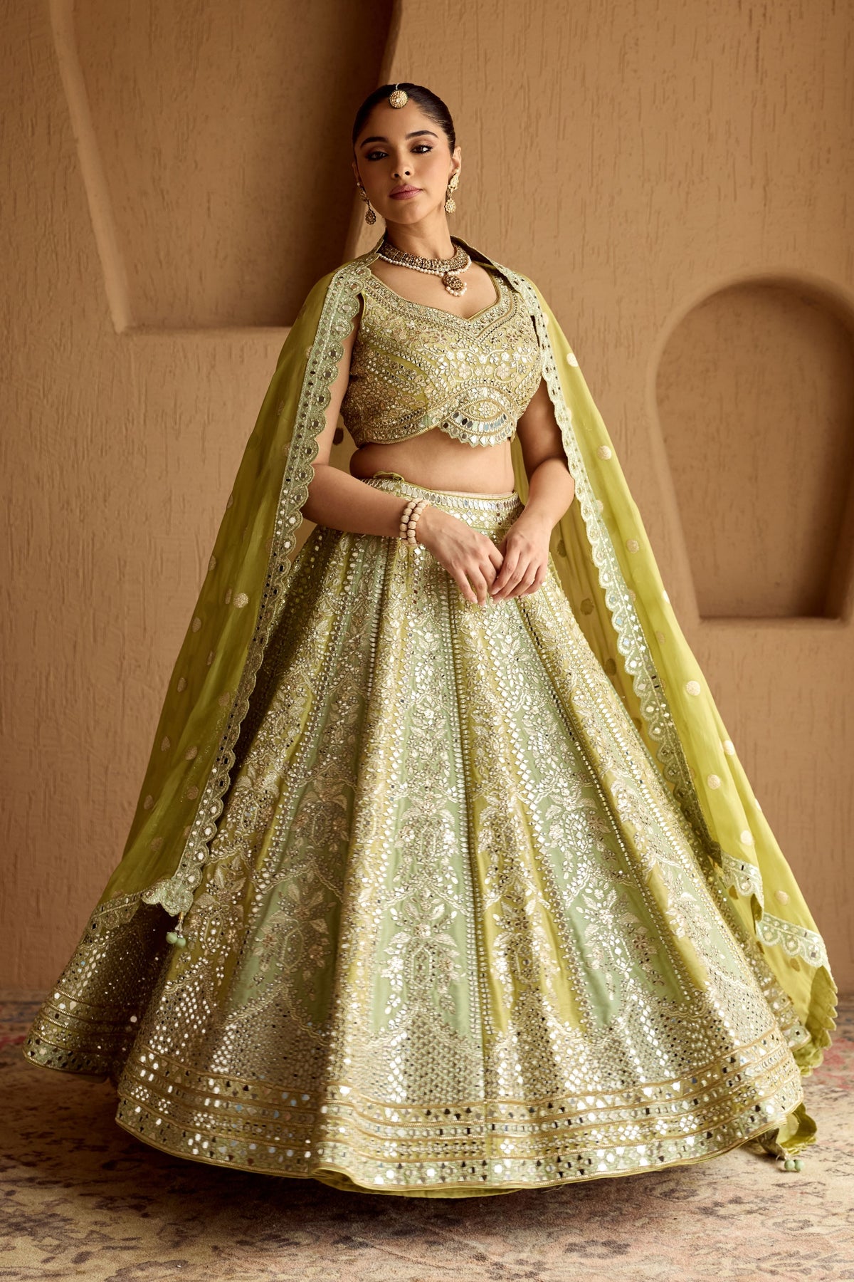 Green Kali Tissue Lehenga Set