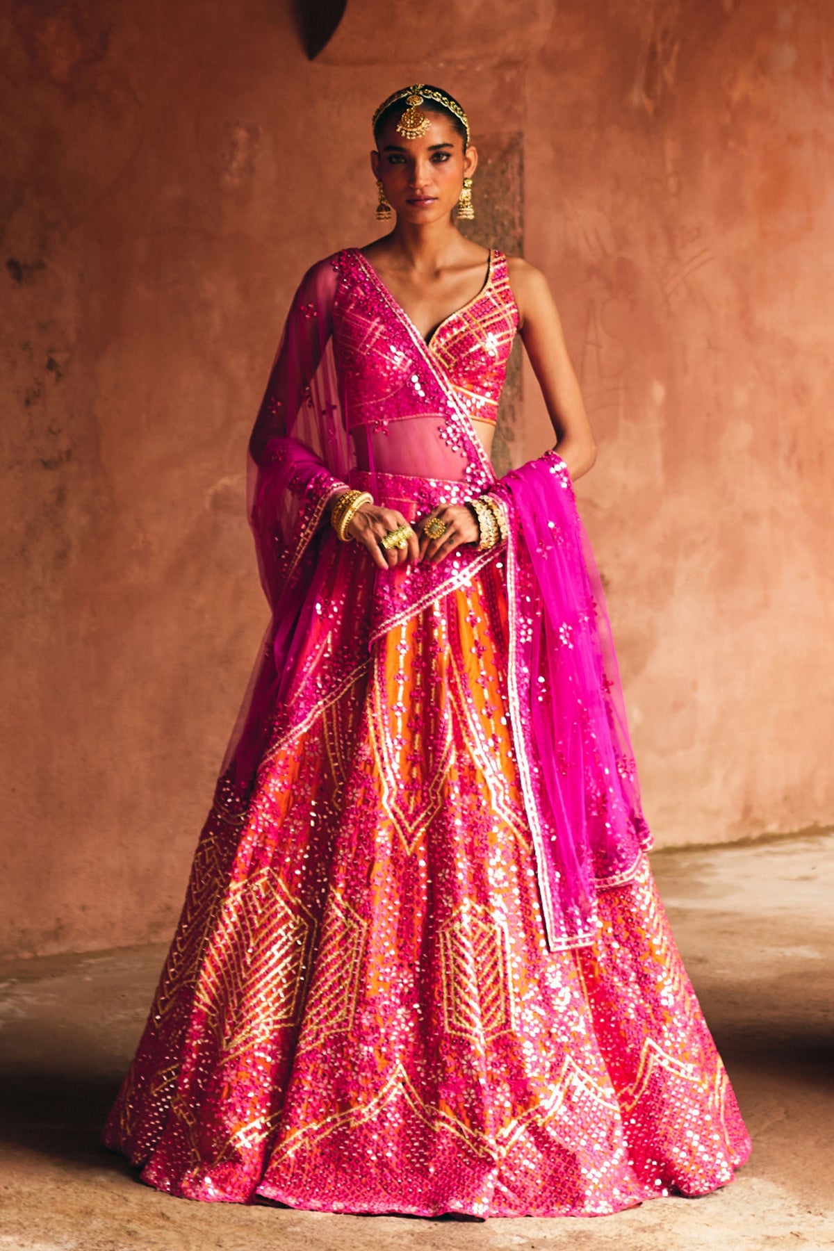 Rust Raw Silk Lehenga Set