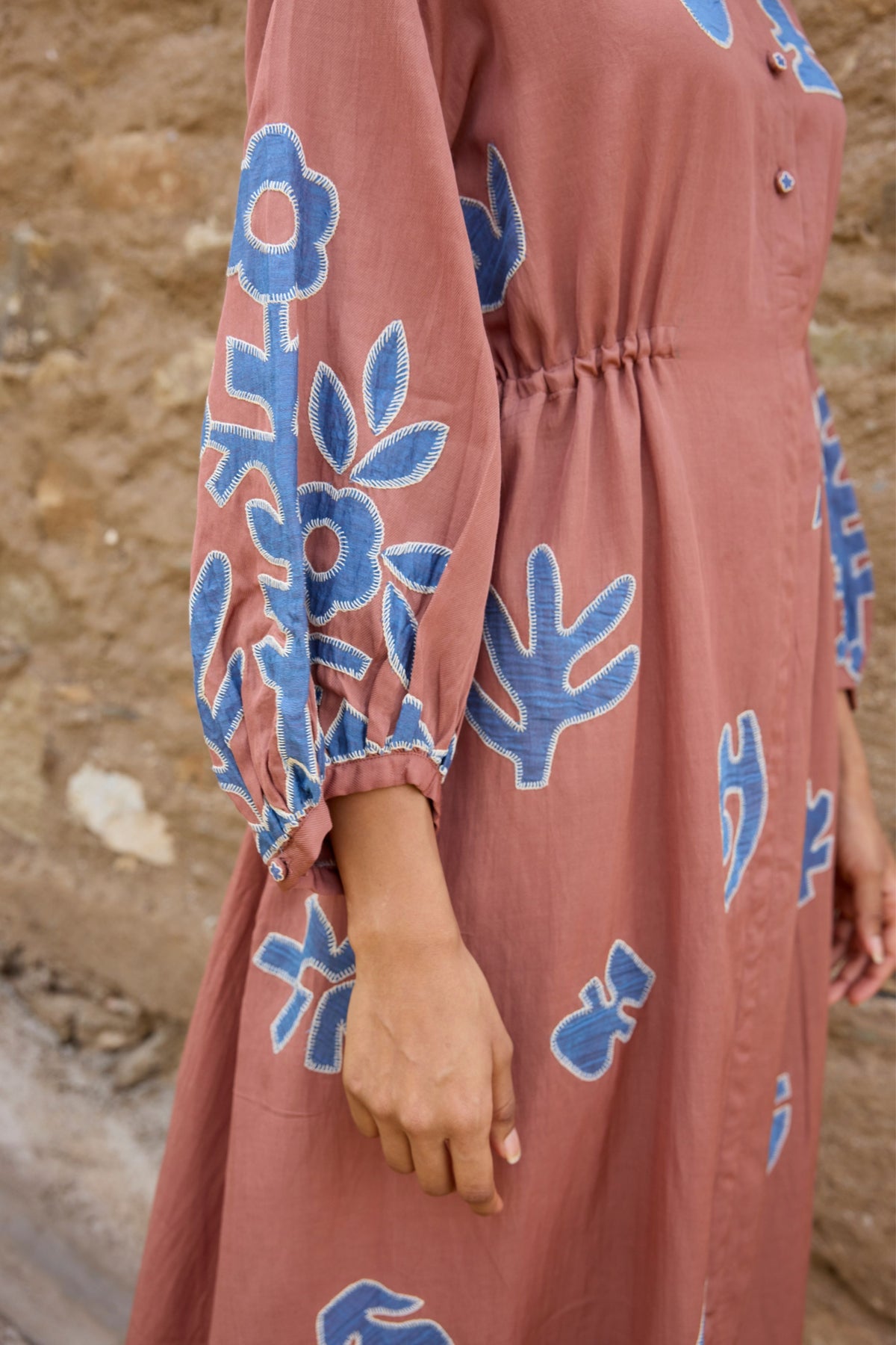 Brown Waist Tie Hand Appliqué Dress
