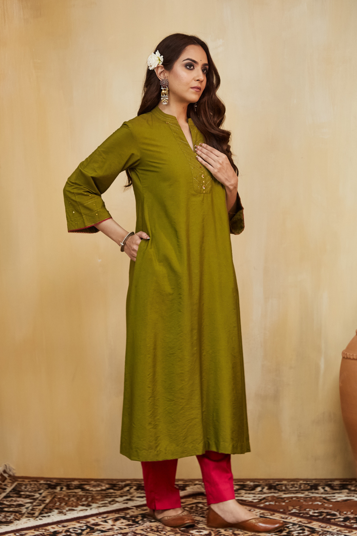 Olive Cotton Silk Samara Kurta Set