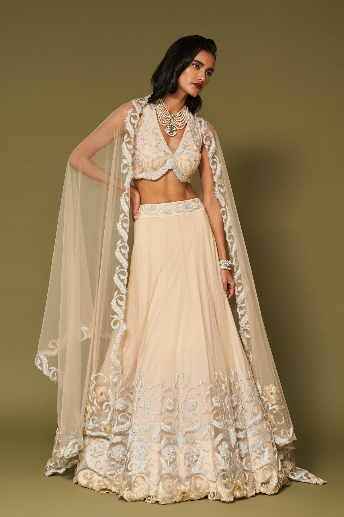Almond Embroidered Net Lehenga Set