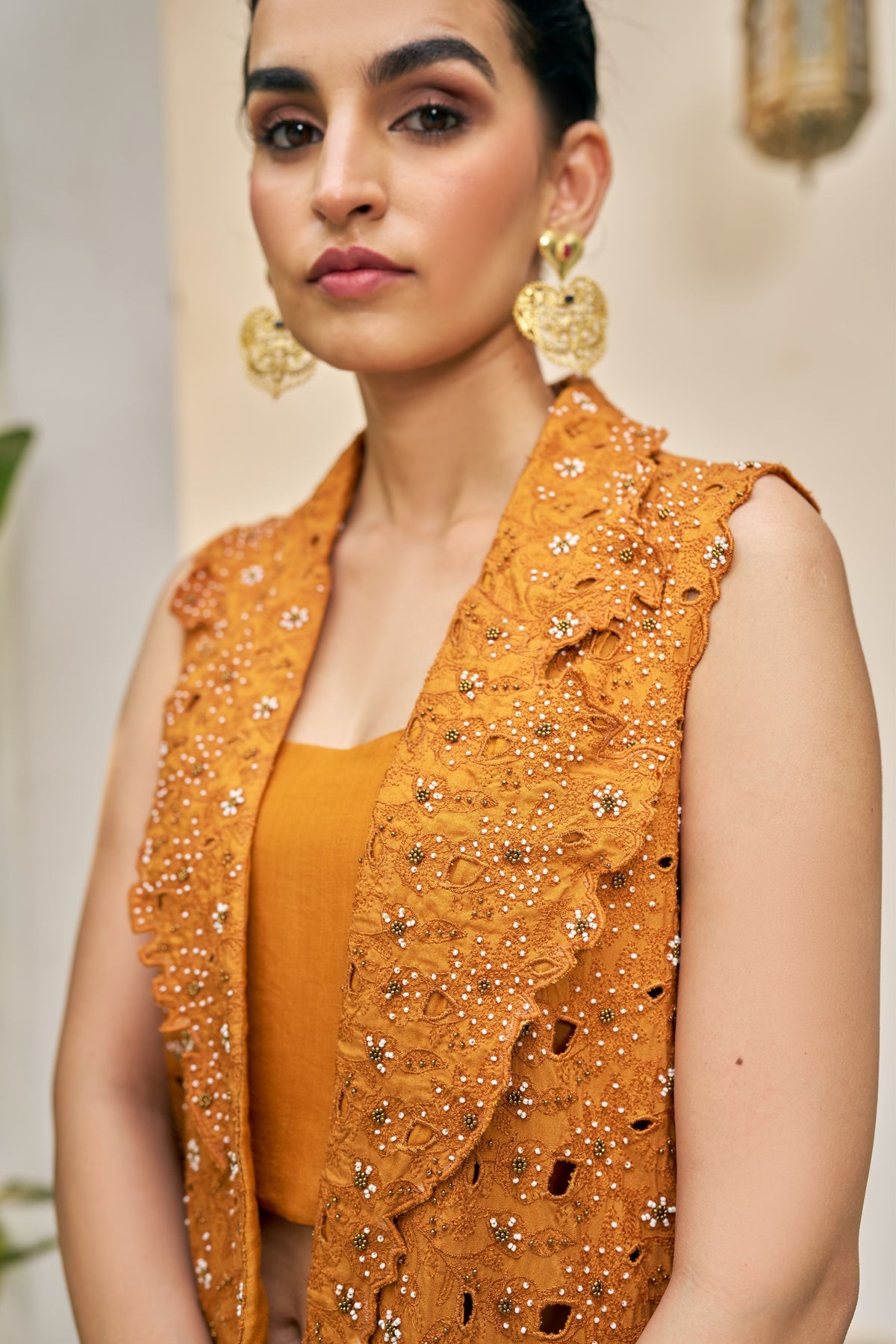 Ochre Cutwork Jacket Set