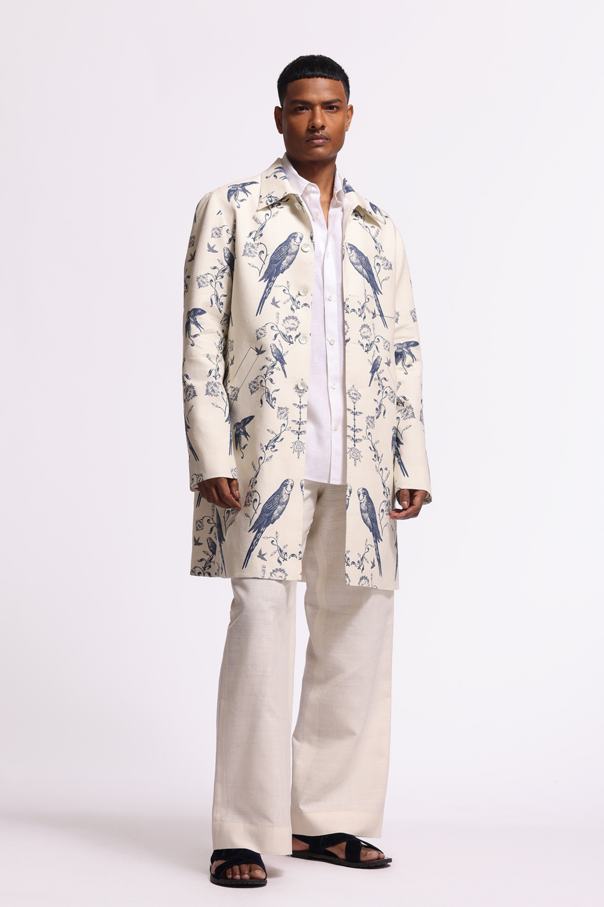 Ivory Bird-printed Long Jacket With Pockets