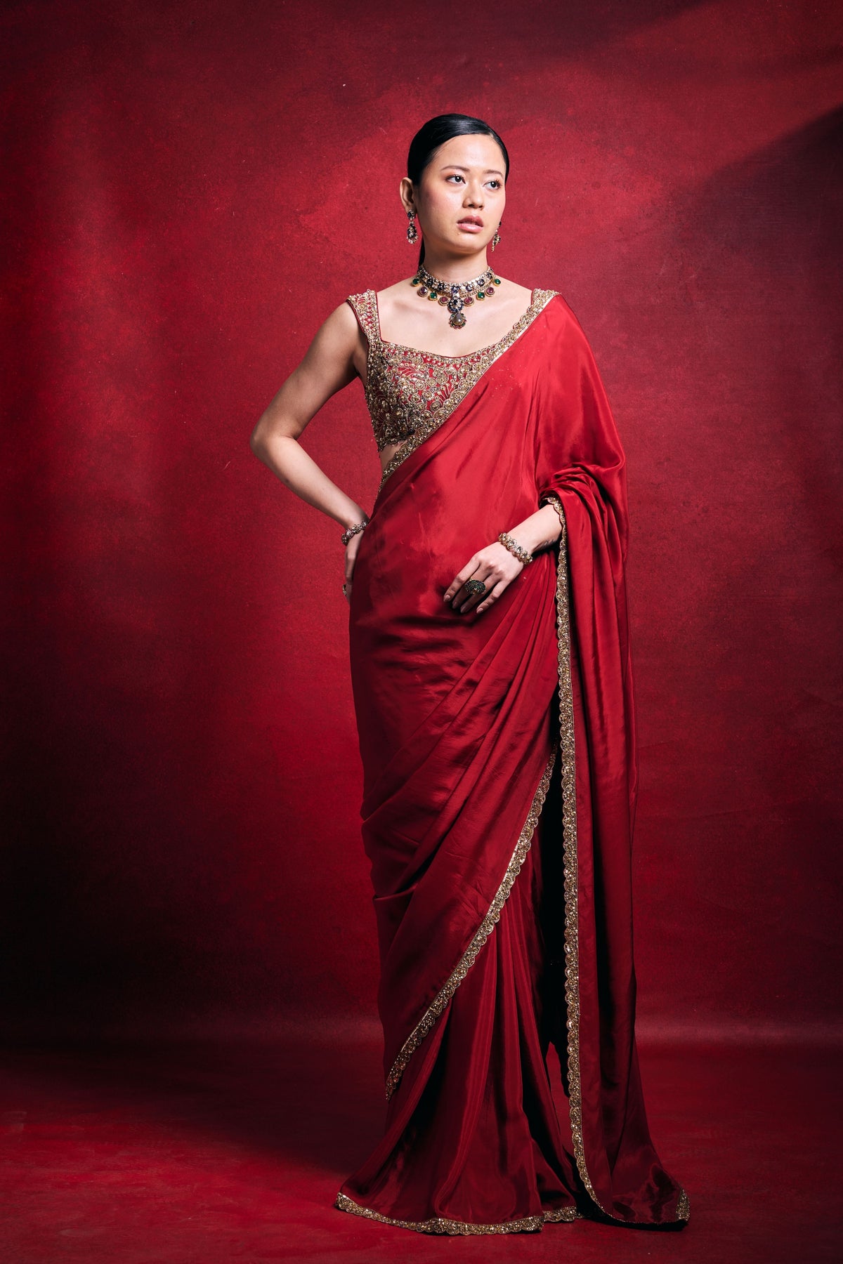 Red Habutai Saree Set