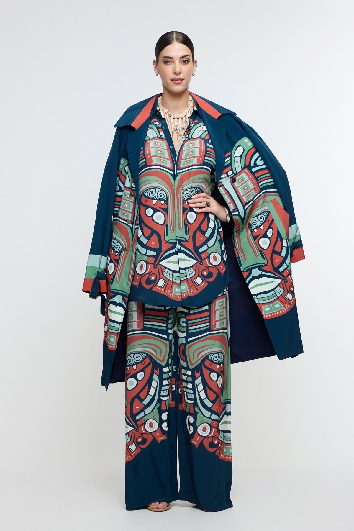 Midnight Blue Printed Mask Trench Coat Set