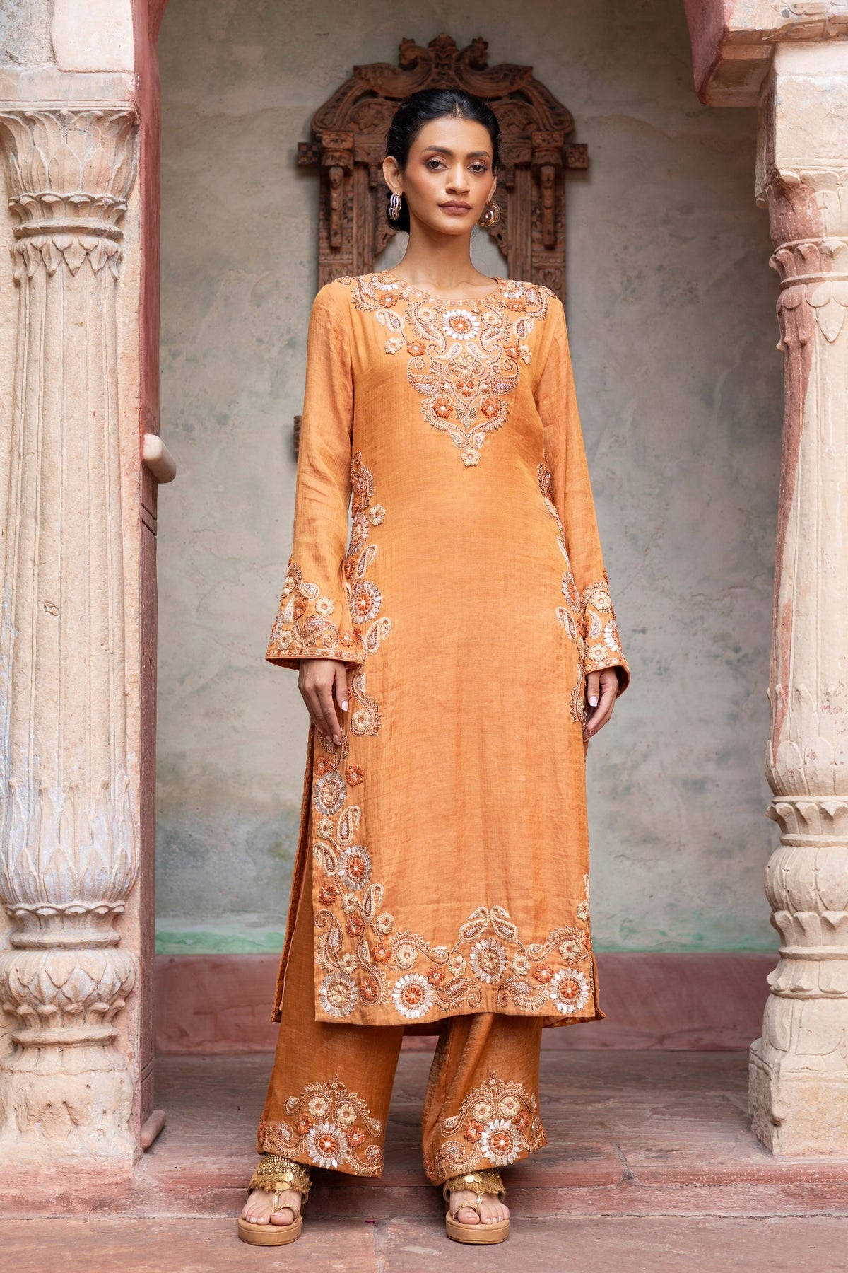 Rust Maheshwari Kurta Set
