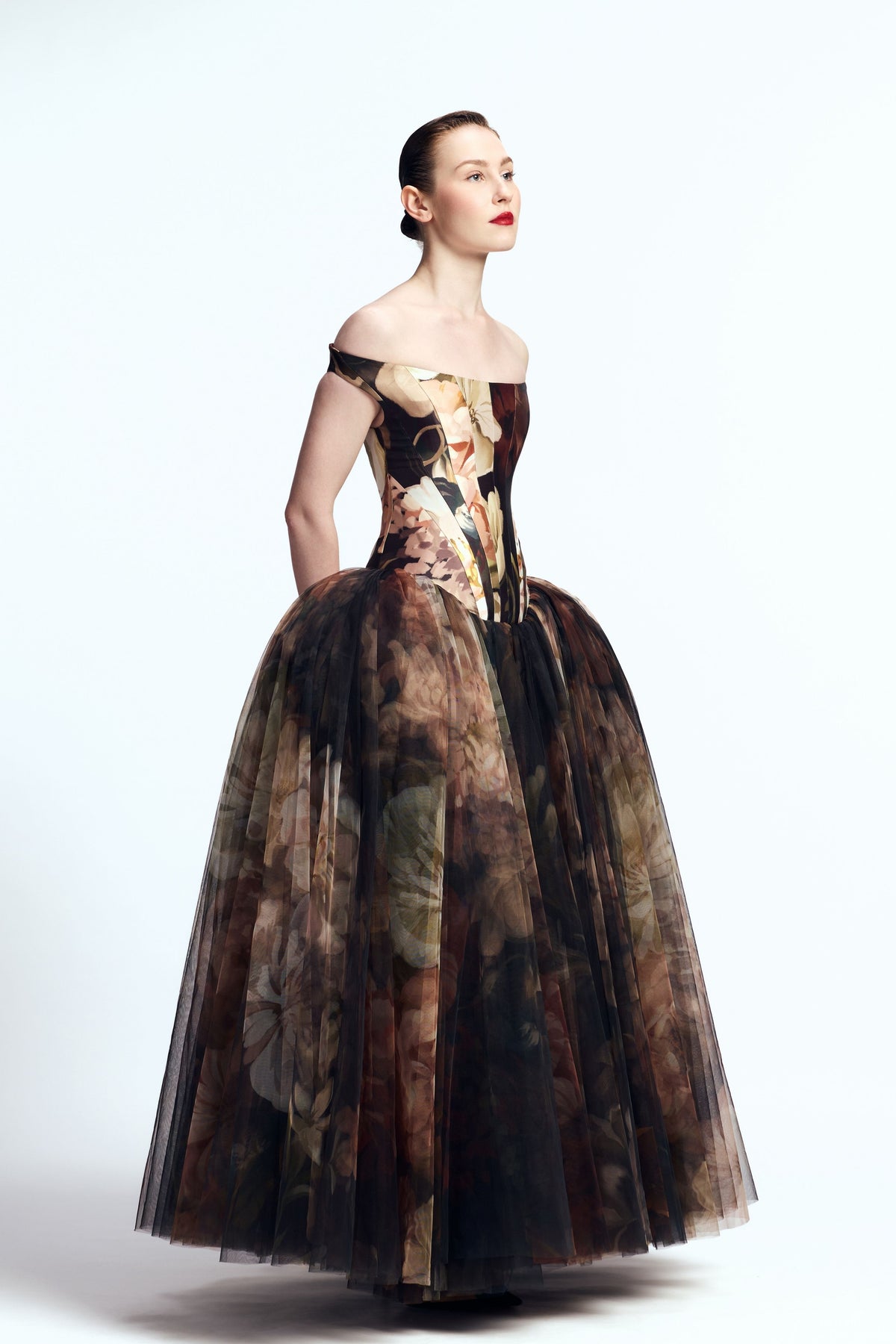 Off Shoulder Panel Corseted Gown