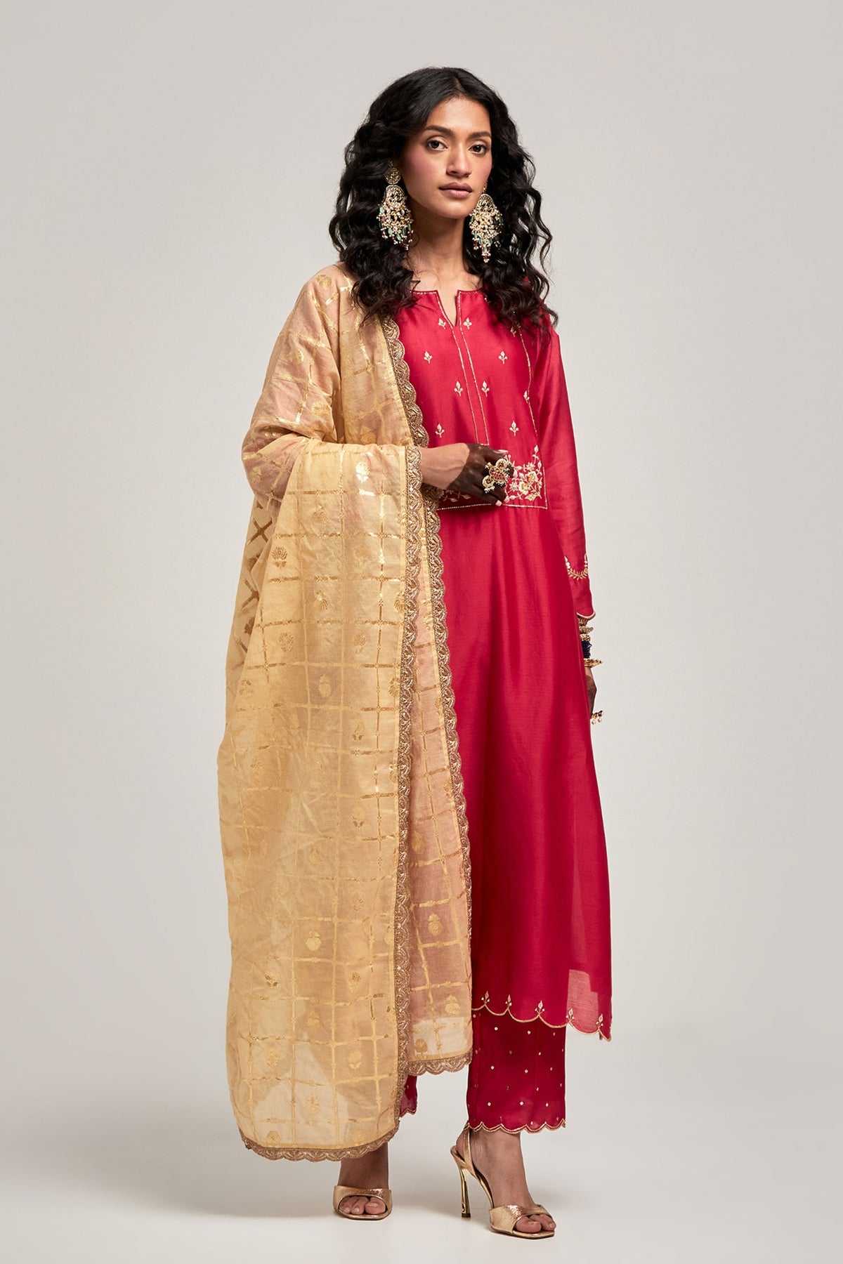 Embroidered Red Kurta Set