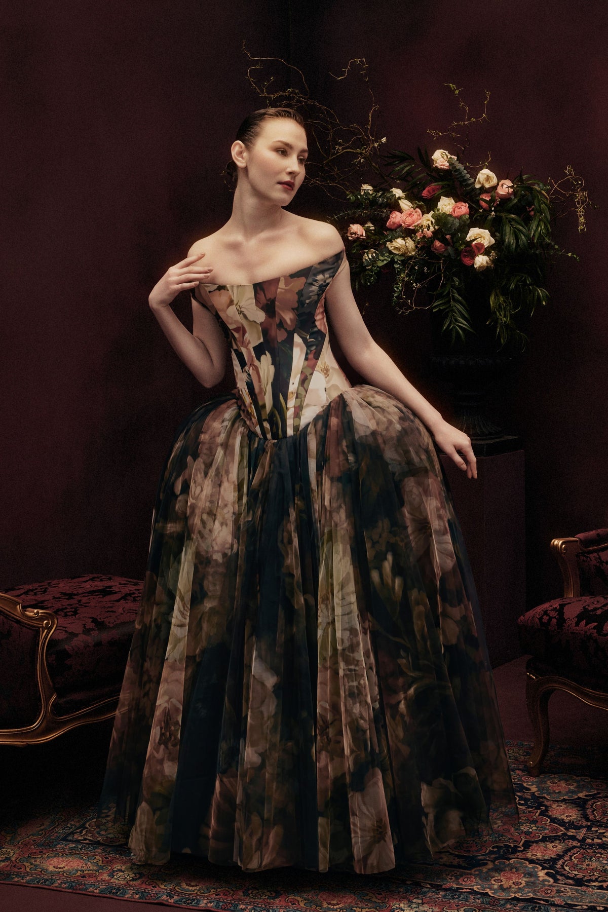 Off Shoulder Panel Corseted Gown