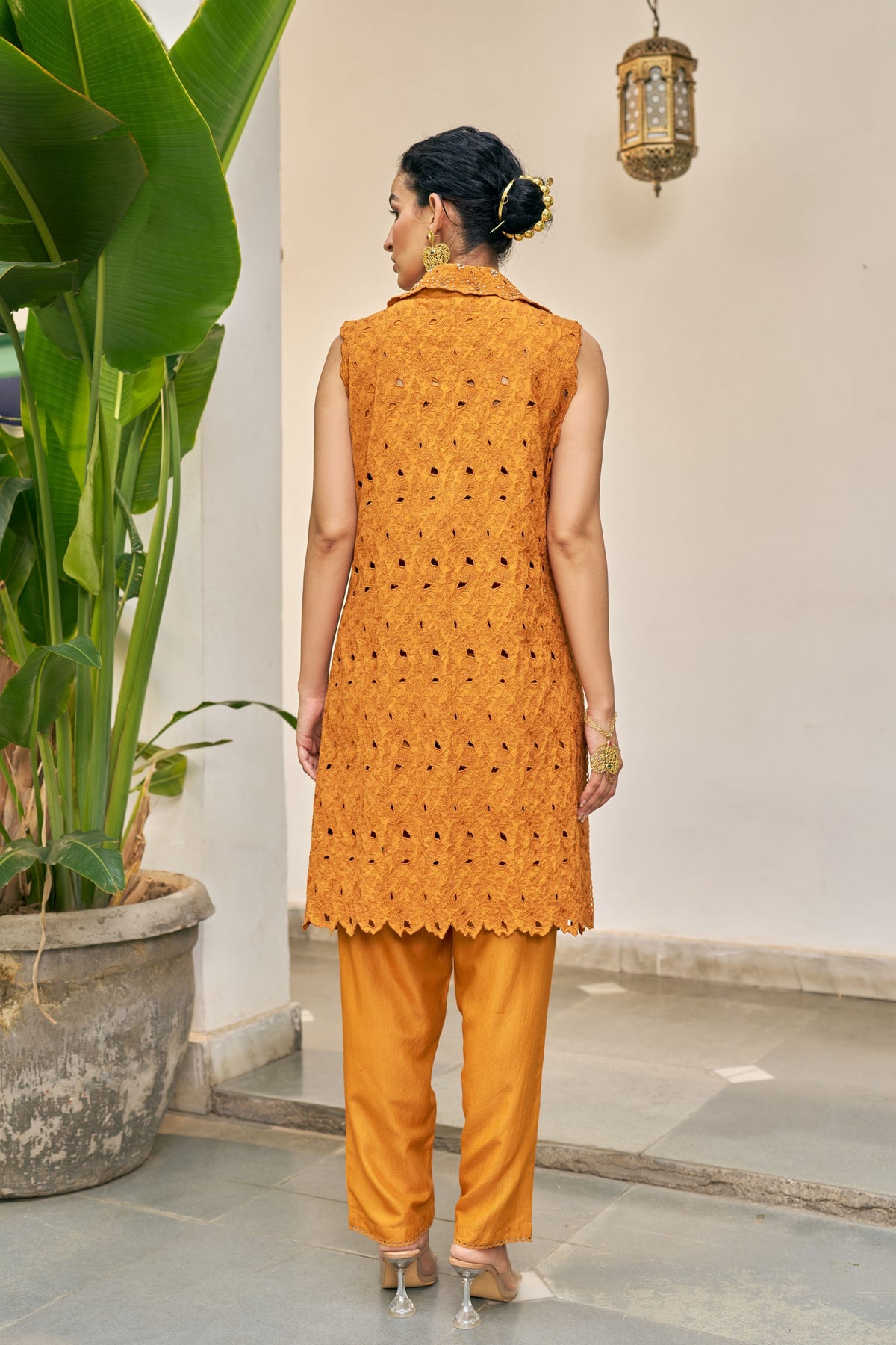 Ochre Cutwork Jacket Set