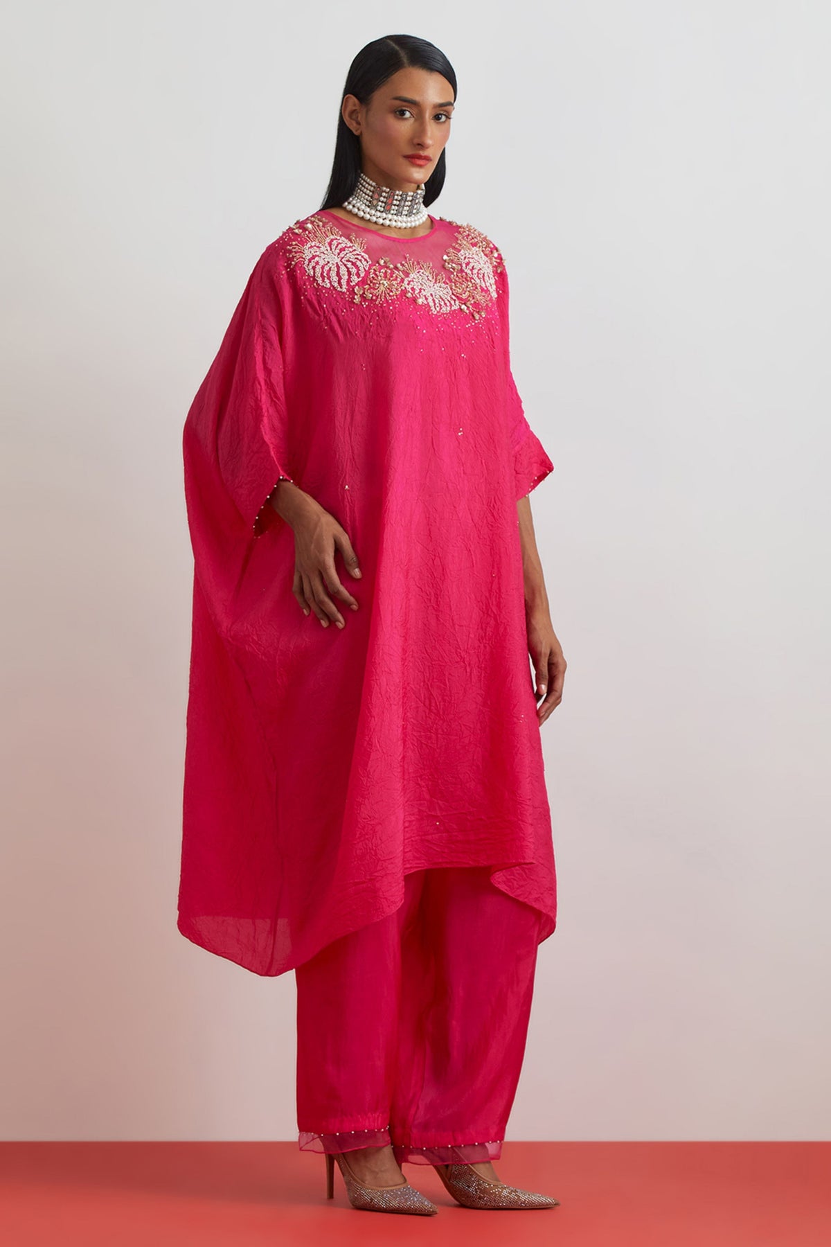 Hot Pink Floral Crystal Kaftan Set