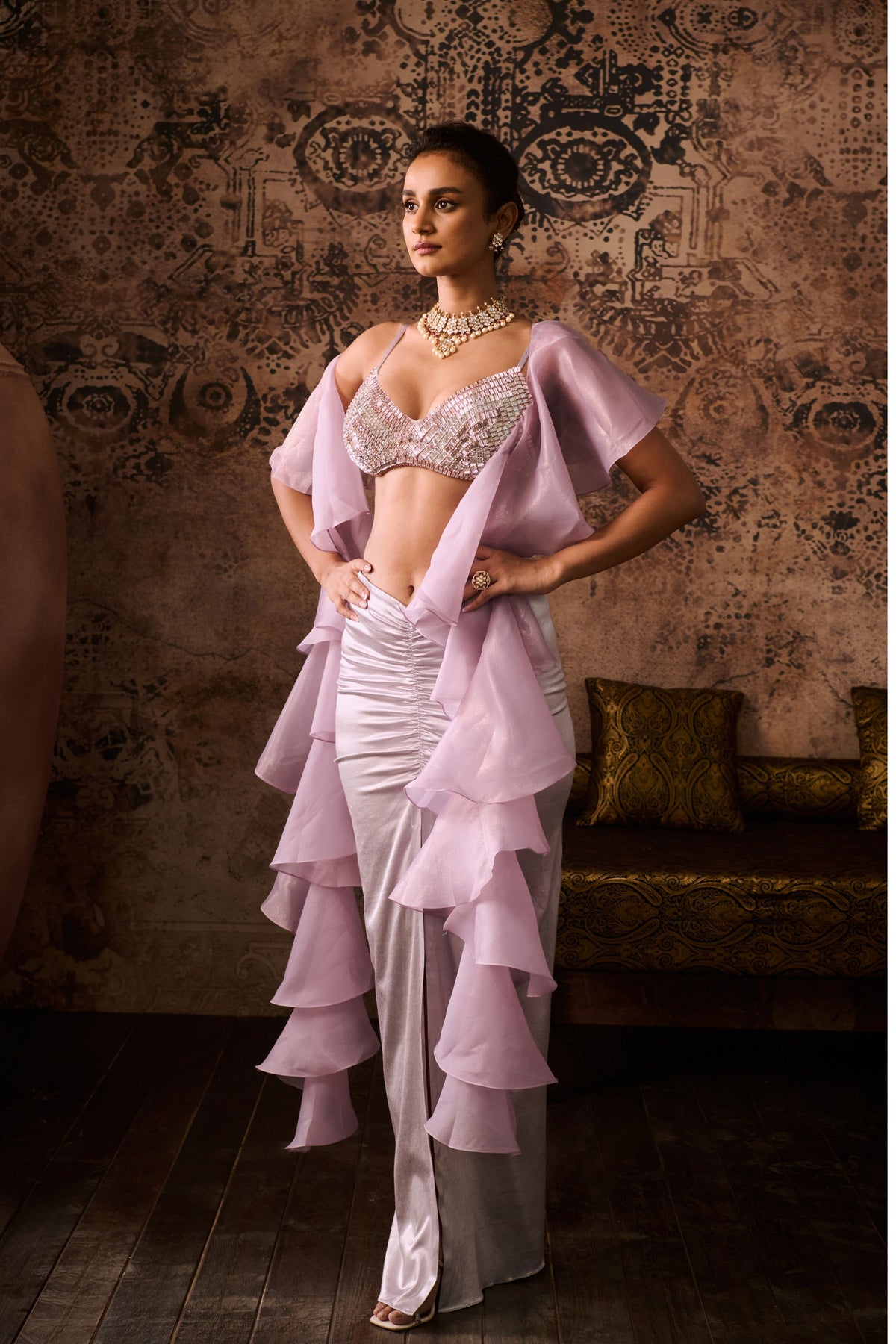 Lilac Embroidered Top With Skirt With Dupatta
