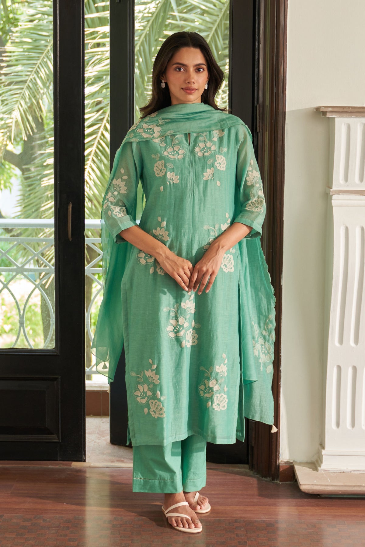 Mint Applique Embroidered Kurta Set
