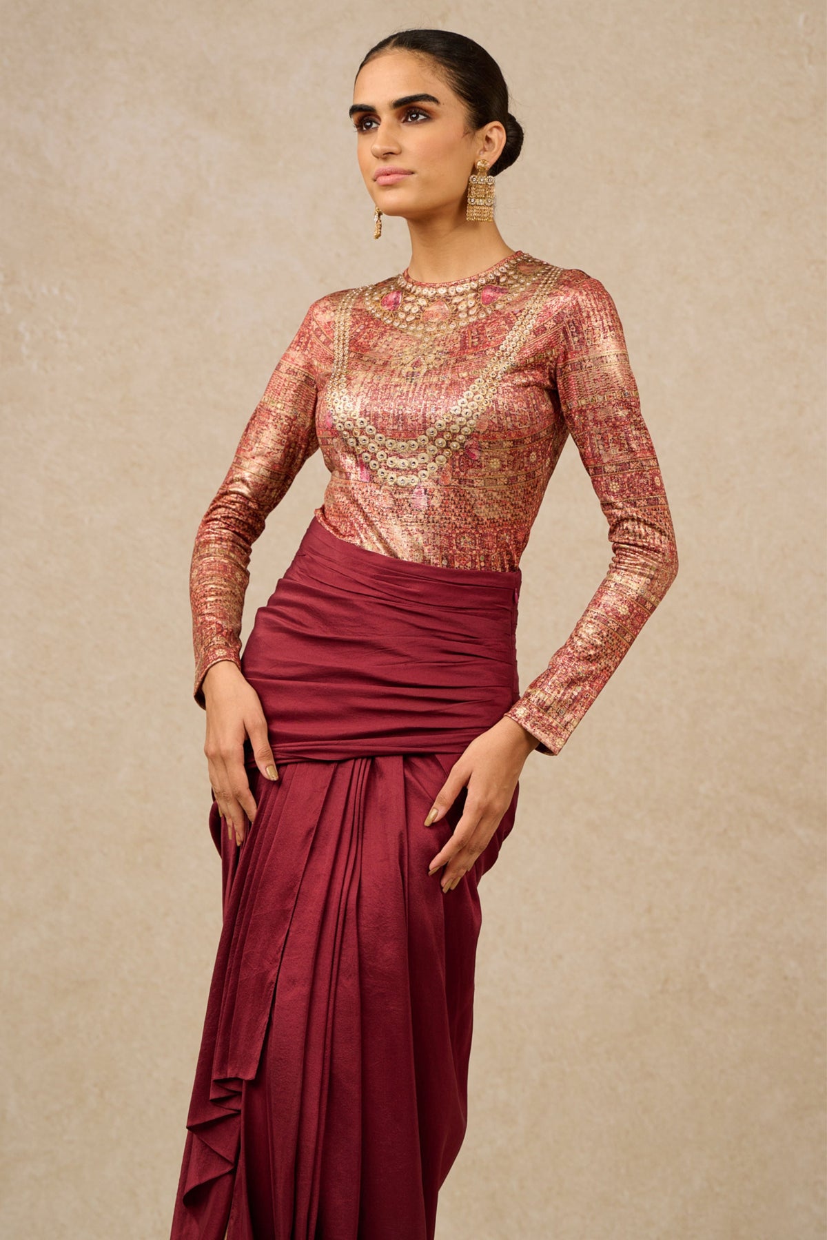 Wine Draped Skirt Co-ord Set