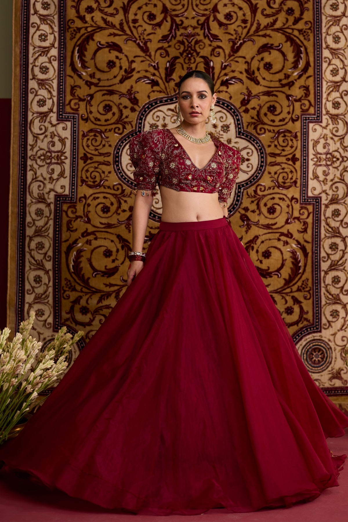 Maroon Embroidered Organza Lehenga Set