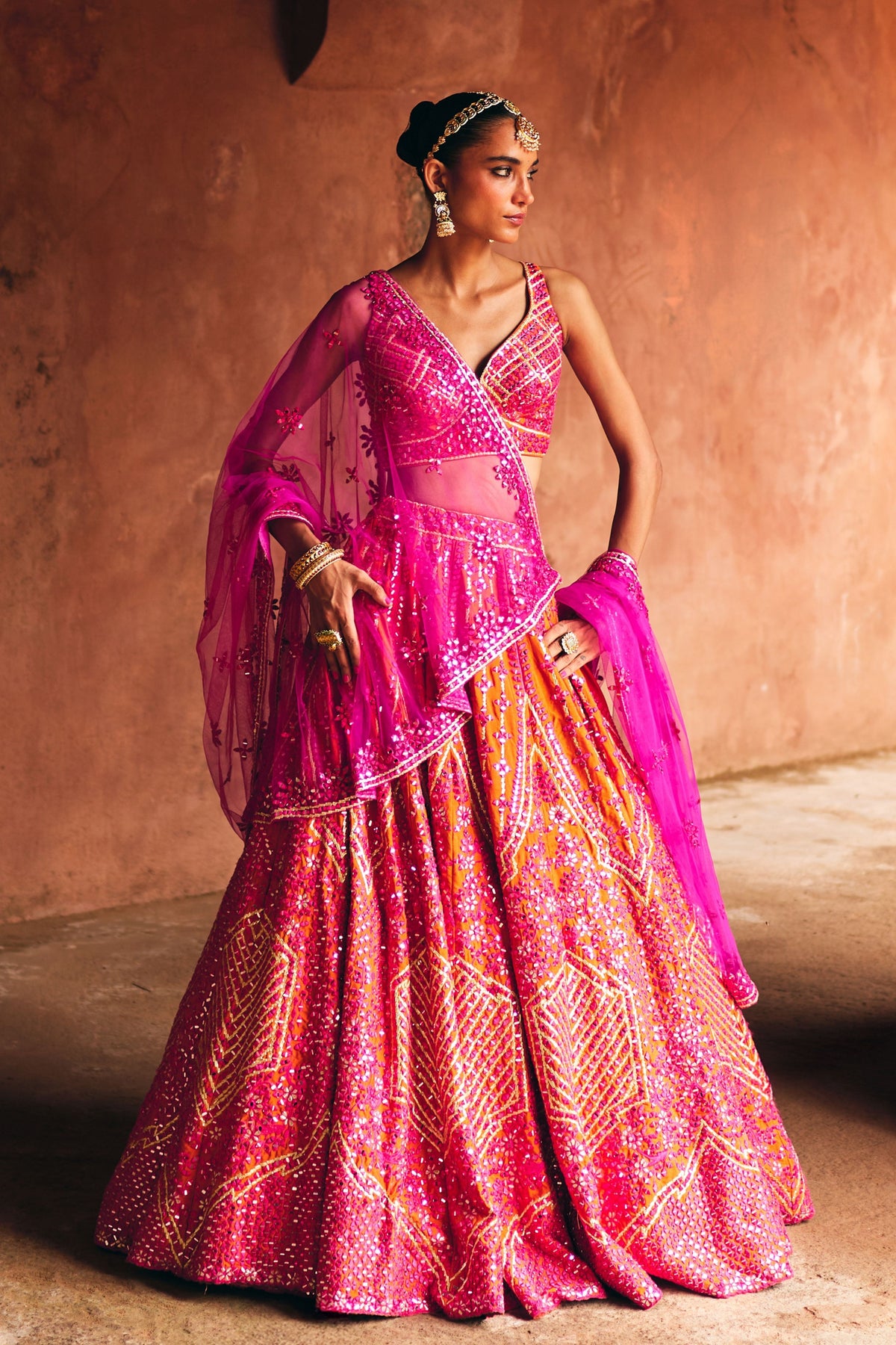 Rust Raw Silk Lehenga Set