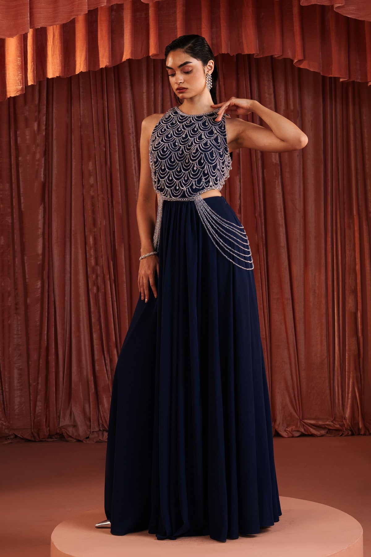 Midnight Blue Beaded Skirt Set